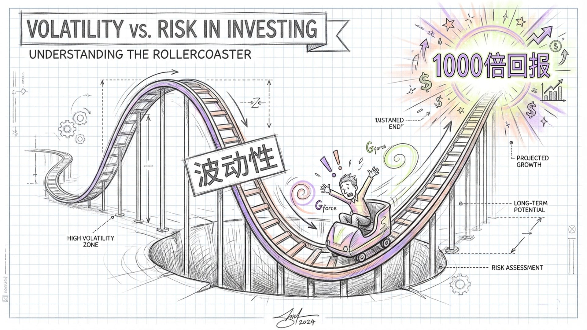 过山车轨道背景，其上有一个投资者在剧烈颠簸。轨道下方是深不见底的深渊，前方是光明的终点。