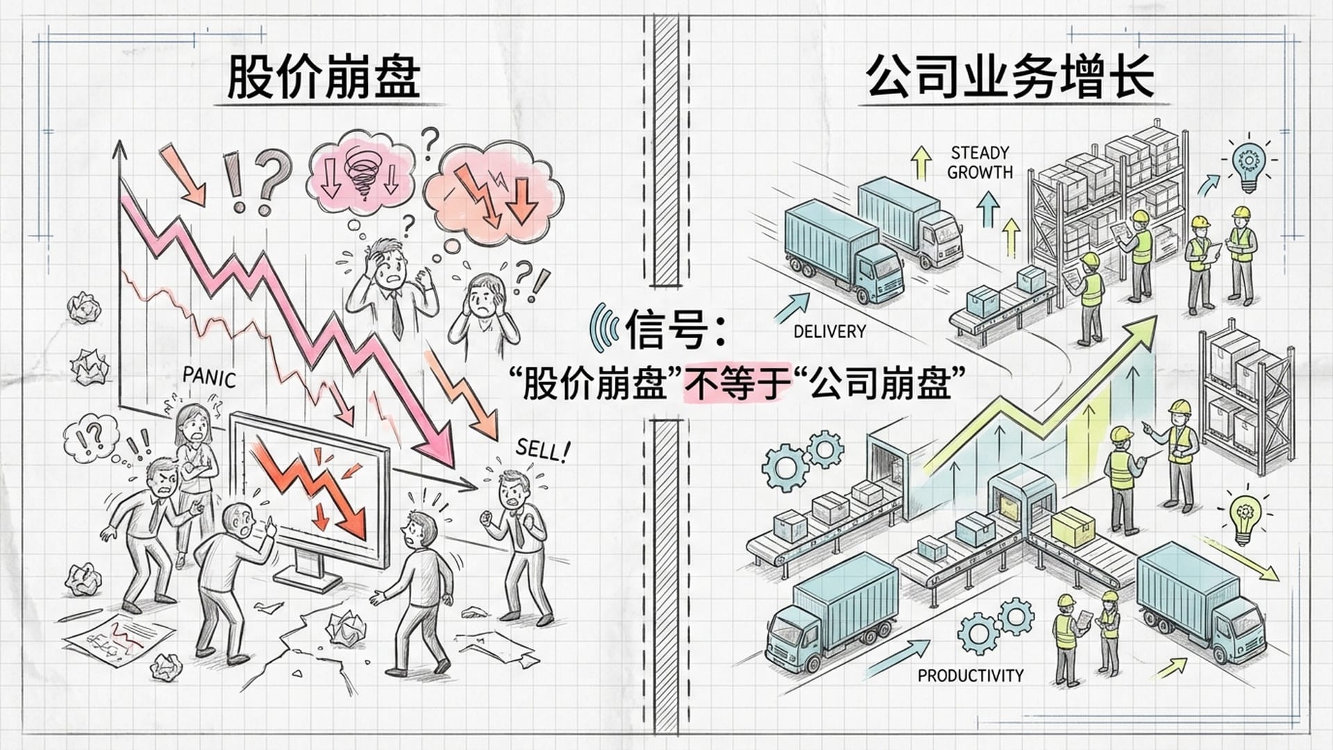 分割画面。左边是惊慌失措的股民在看跌停曲线，右边是冷静的投资者在观察真实的业务增长（如仓库物流繁忙景象）。