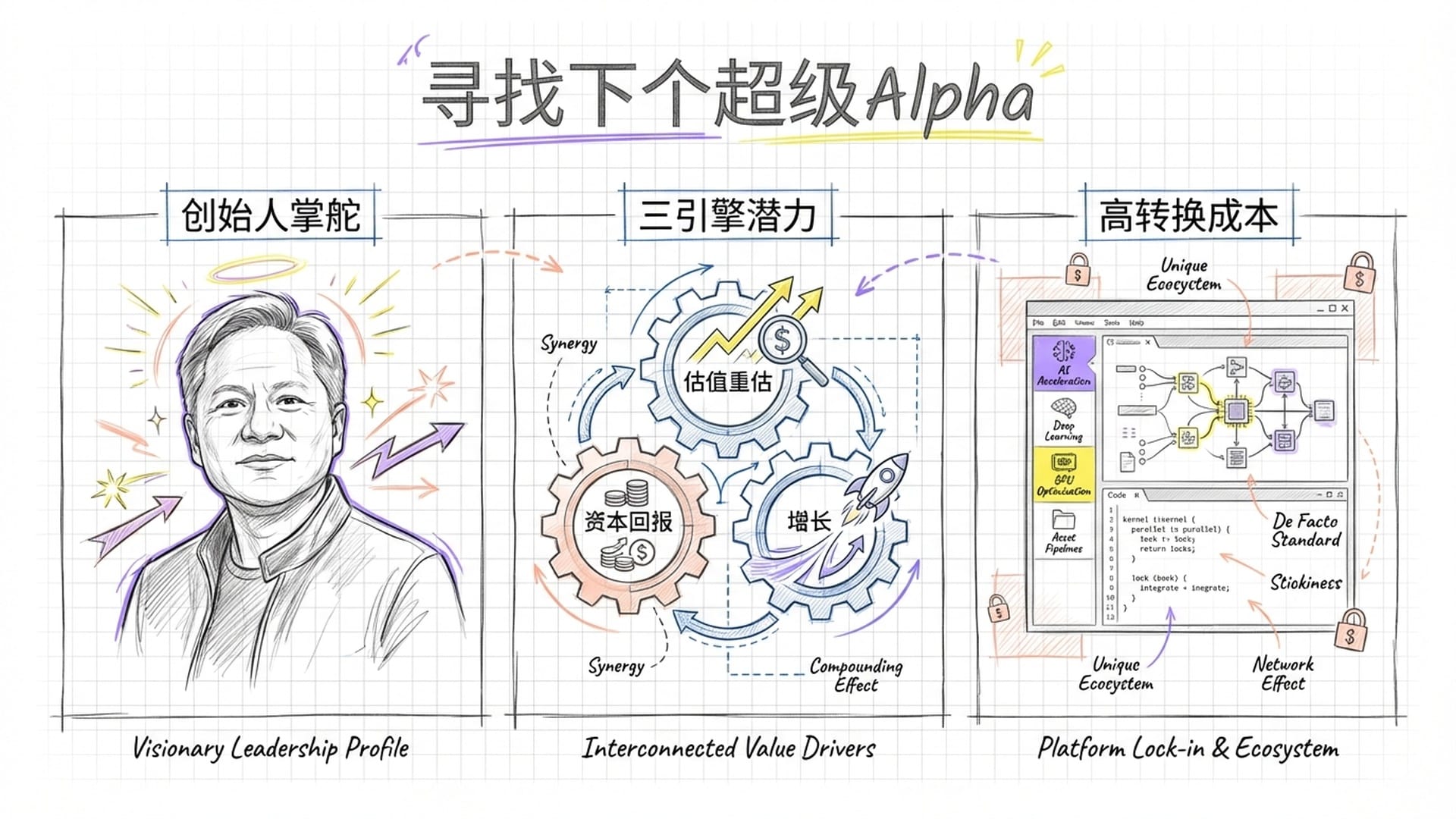 三块逻辑面板。一块显示创始人的头像（老黄等），一块显示‘三引擎’透视图，一块显示CUDA或Adobe的软件界面。