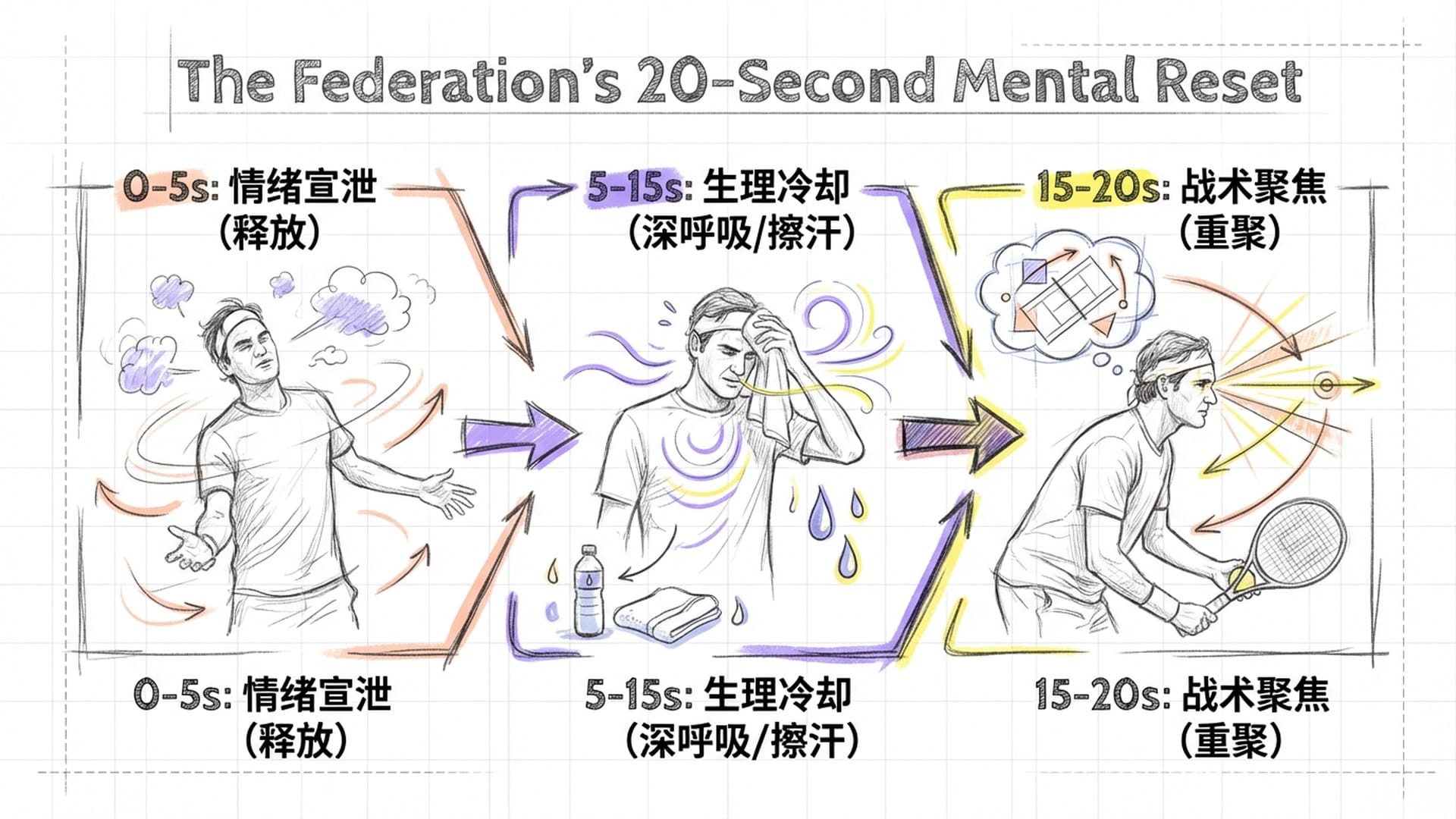 费德勒在20秒间隙内的“三步心理重启”流程演示图：释放、恢复、重聚。