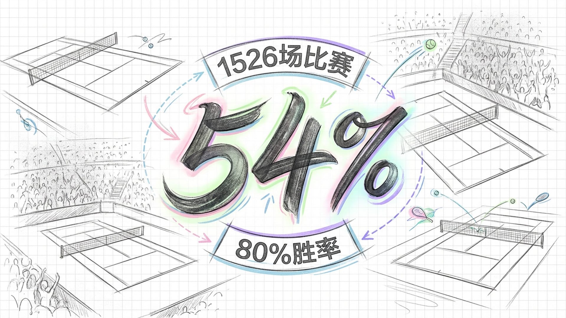 一个巨大的数字“54%”悬浮在球场中央，周围环绕着1526场比赛和80%胜率的统计数据，极具视觉冲击力。