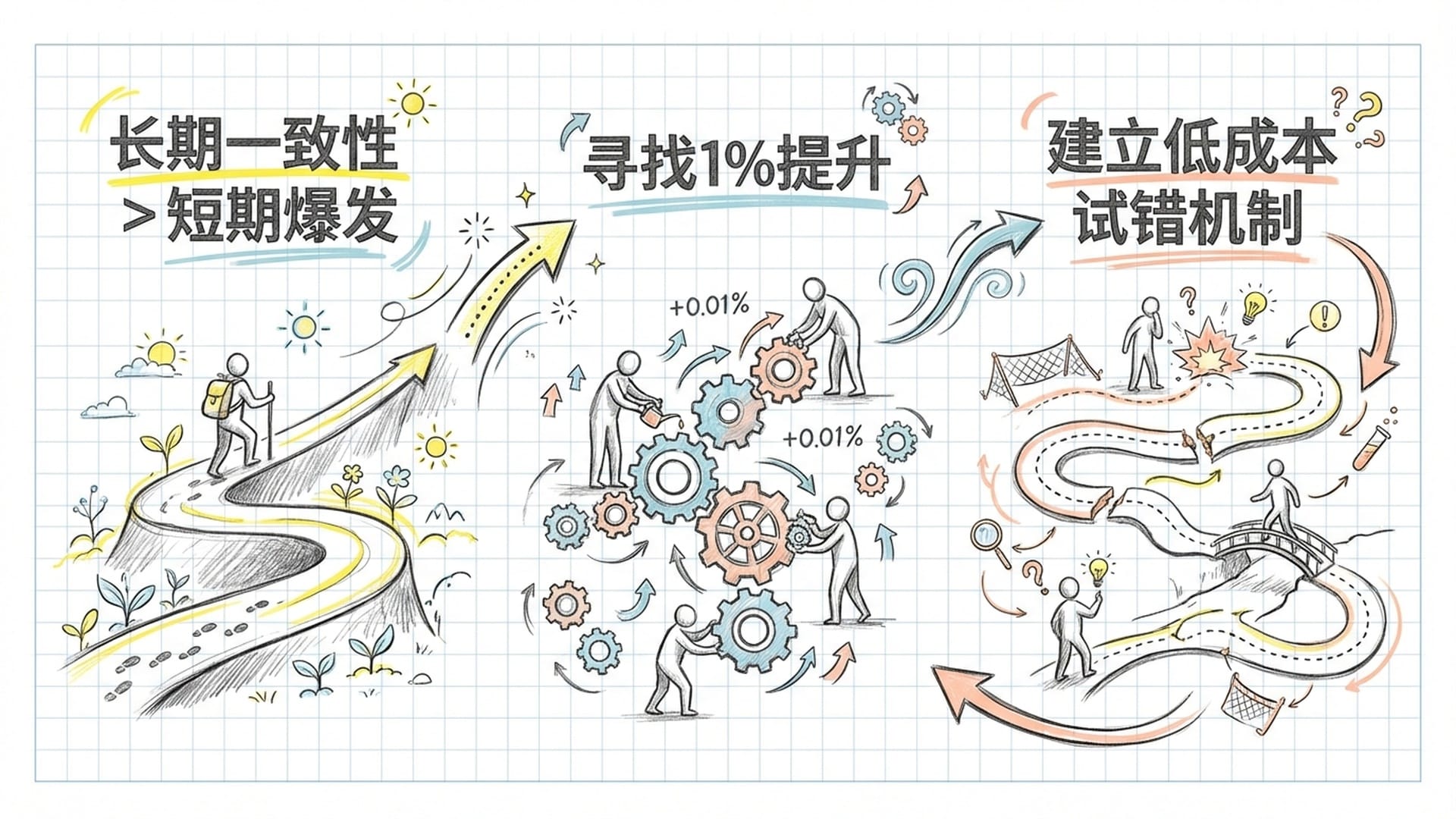 职场与个人成长中的三条建议路径：长期一致性、微小增益聚合、建立容错系统。