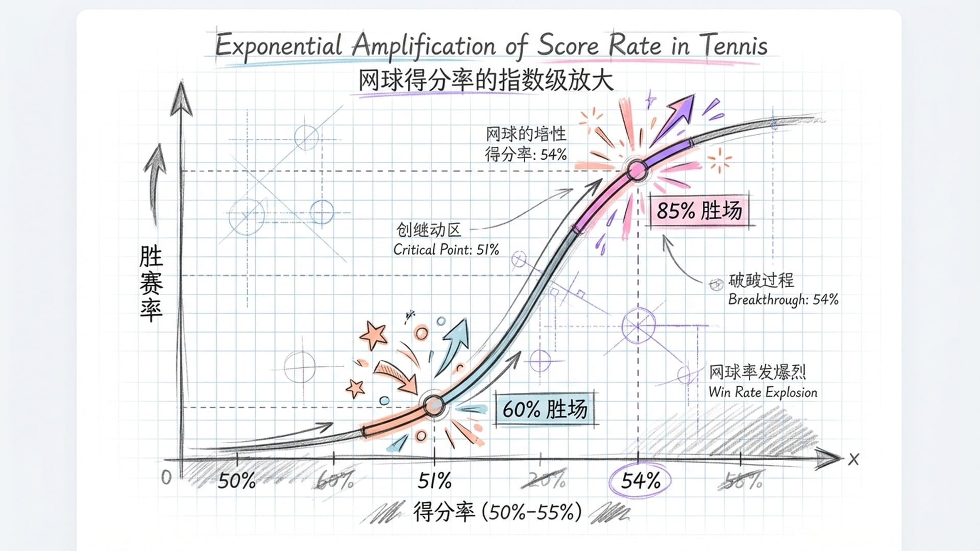 一组对比图表，展示单分胜率在50%临界点时，由于极小增幅带来的胜赛率陡峭S型曲线。