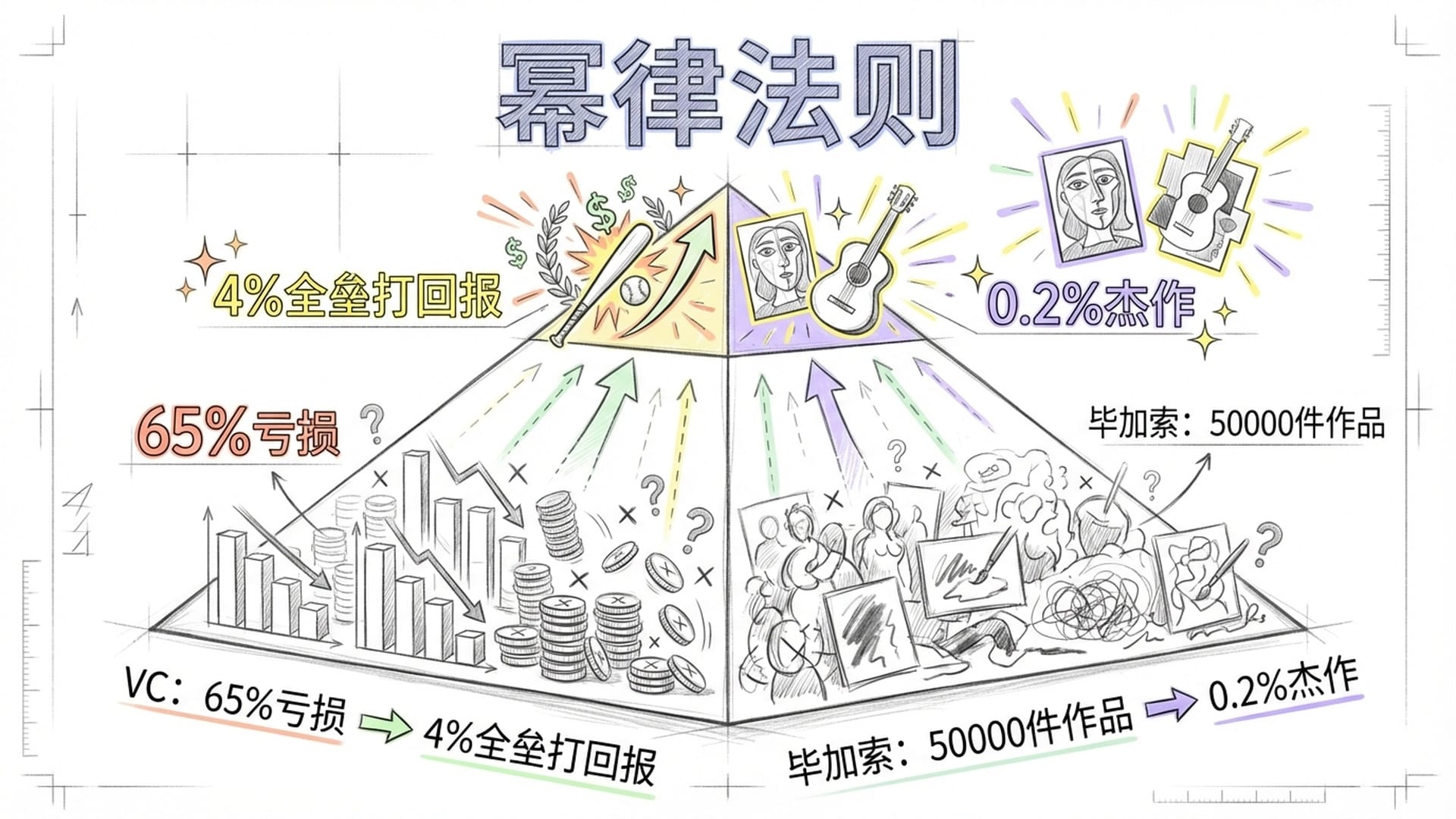 风险投资与毕加索画作数量的对比，展示非对称收益和‘数量是质量前提’的幂律法则。