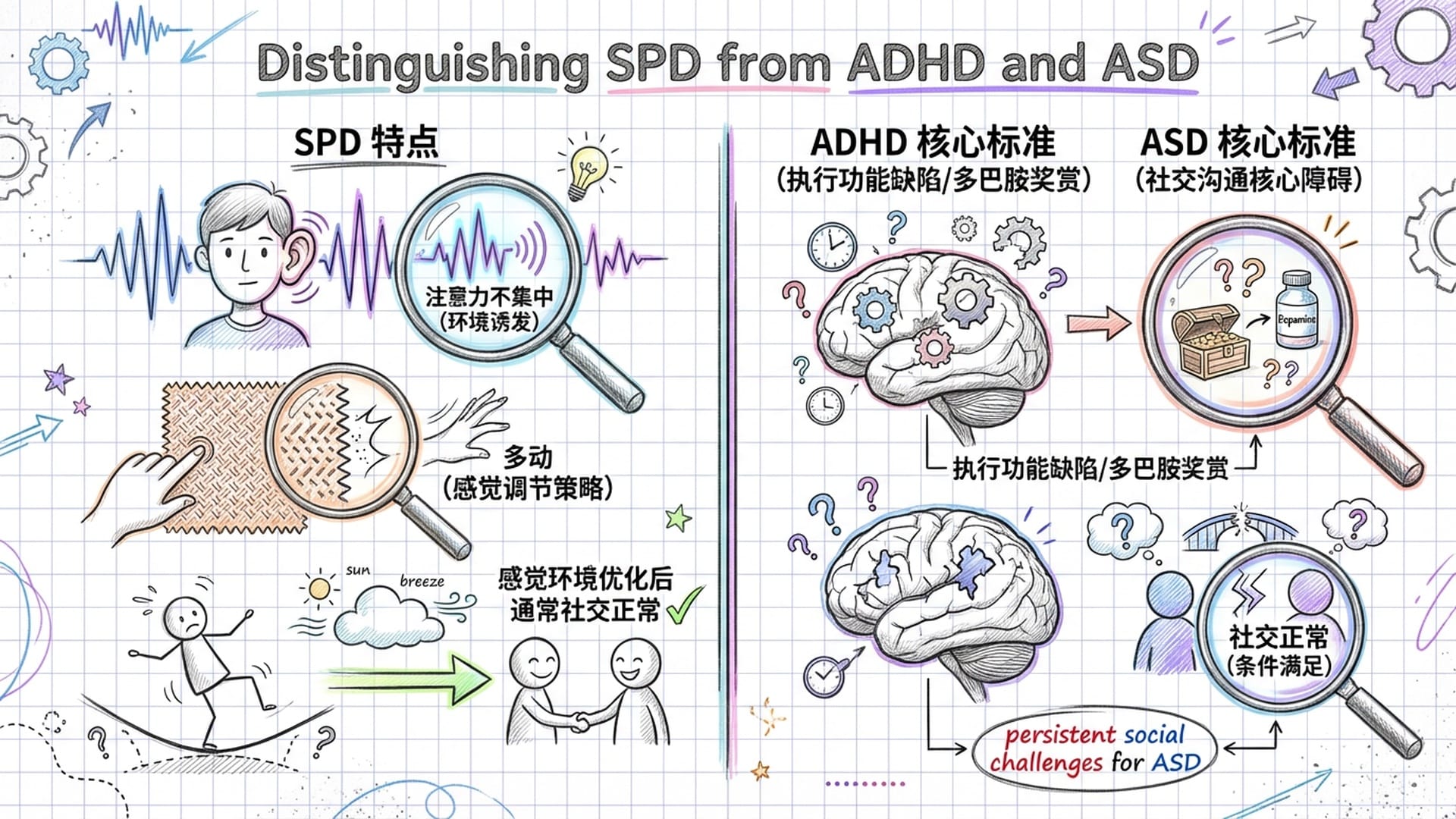 天平的两端，一端是SPD特点，一端是ADHD和ASD的核心标准，细节处的放大对比。