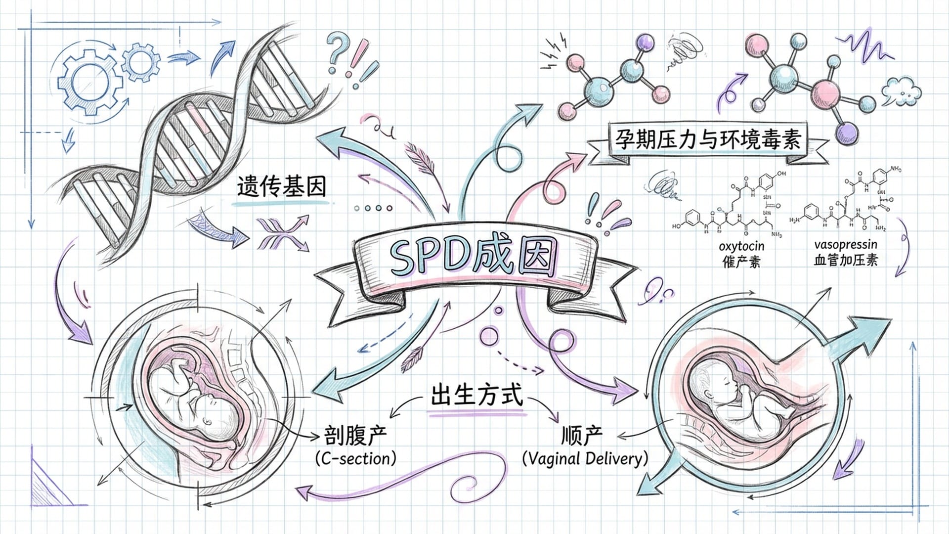 实验室显微镜下的DNA螺旋，催产素和血管升压素分子模型，以及剖宫产和产道挤压的对比示意。