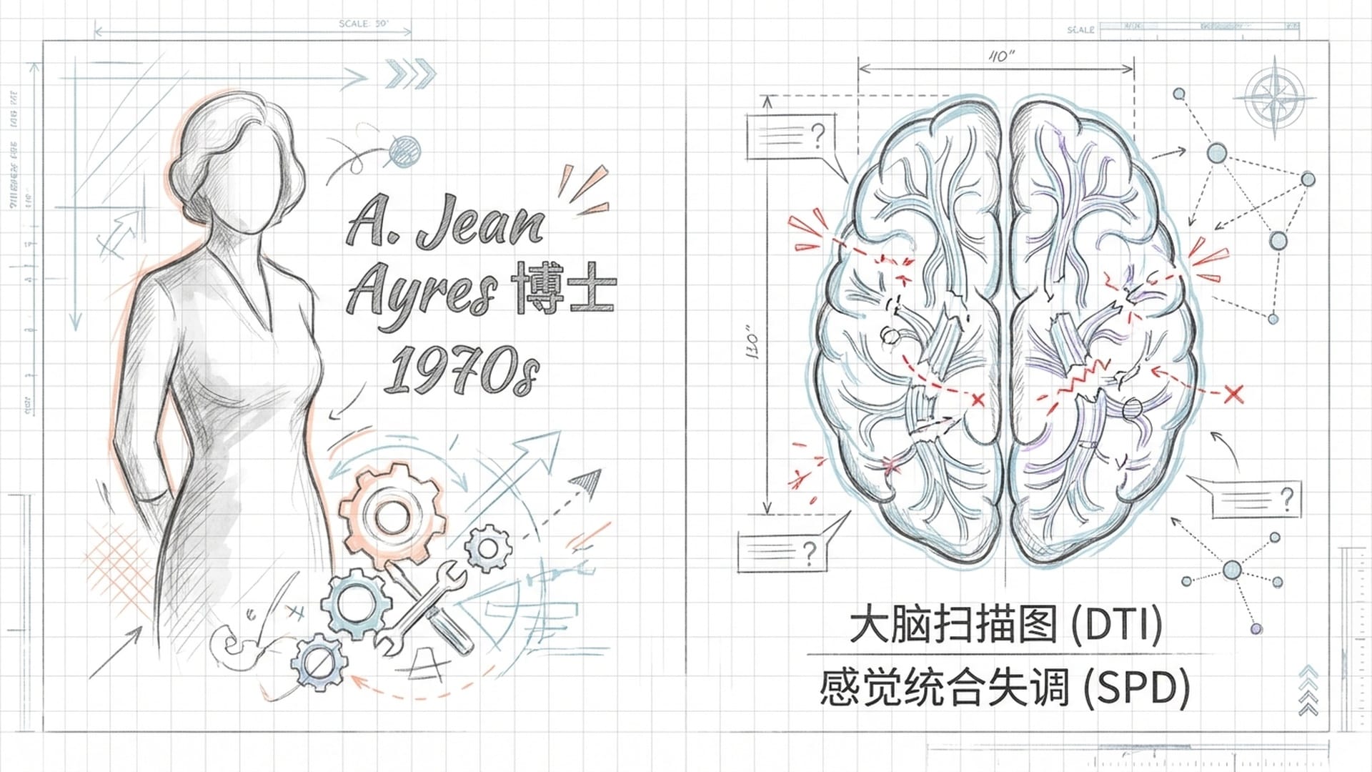 左侧：A. Jean Ayres 博士肖像及SPD概念提出年份 1970s。右侧：现代DTI扫描大脑白质，“高速公路”出现断裂或坑洼感。