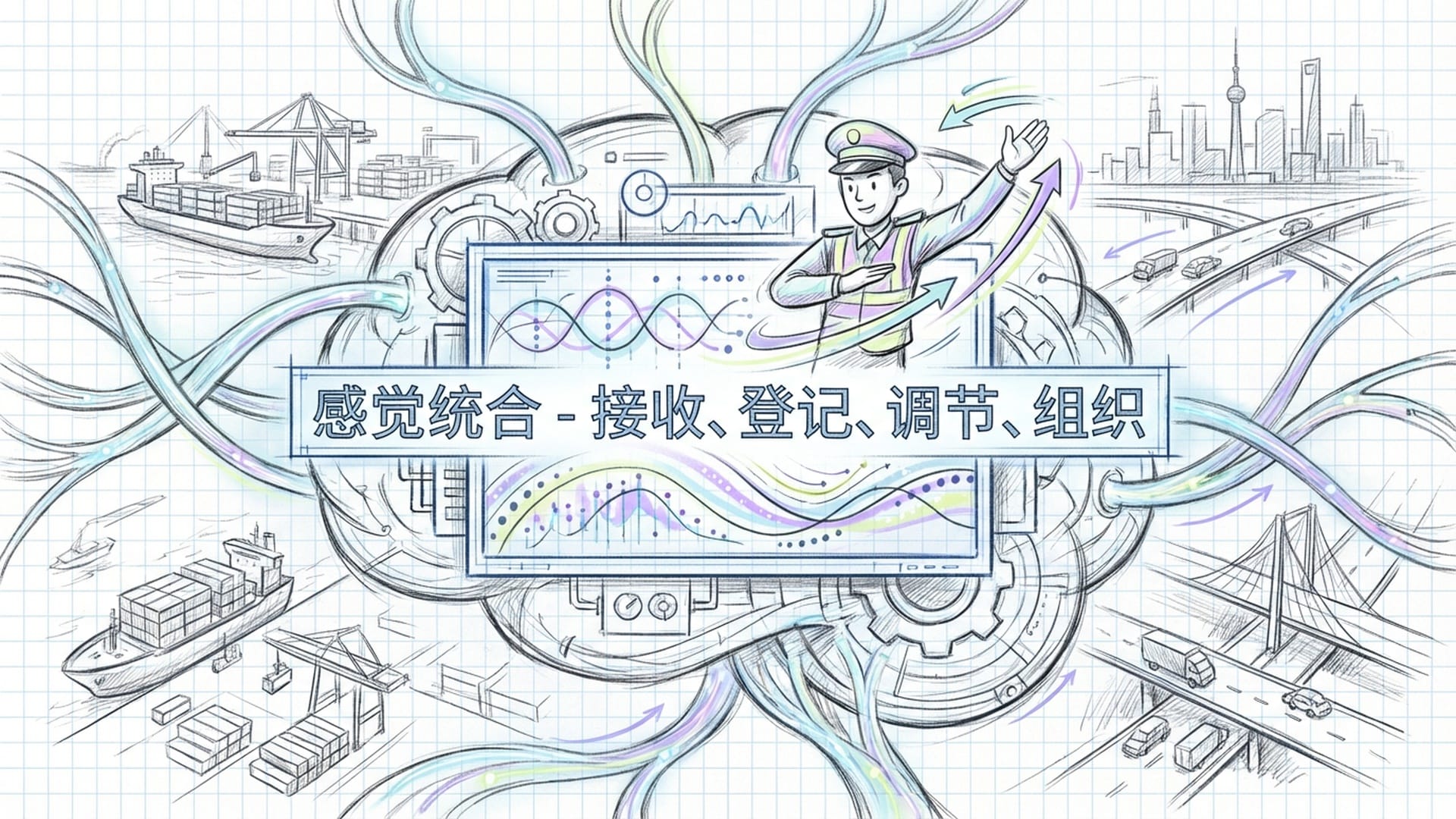 隐喻：大脑作为交通指挥中心。画面中光流代表感觉数据，交警或指挥员示意图。文字：感觉统合 - 接收、登记、调节、组织。