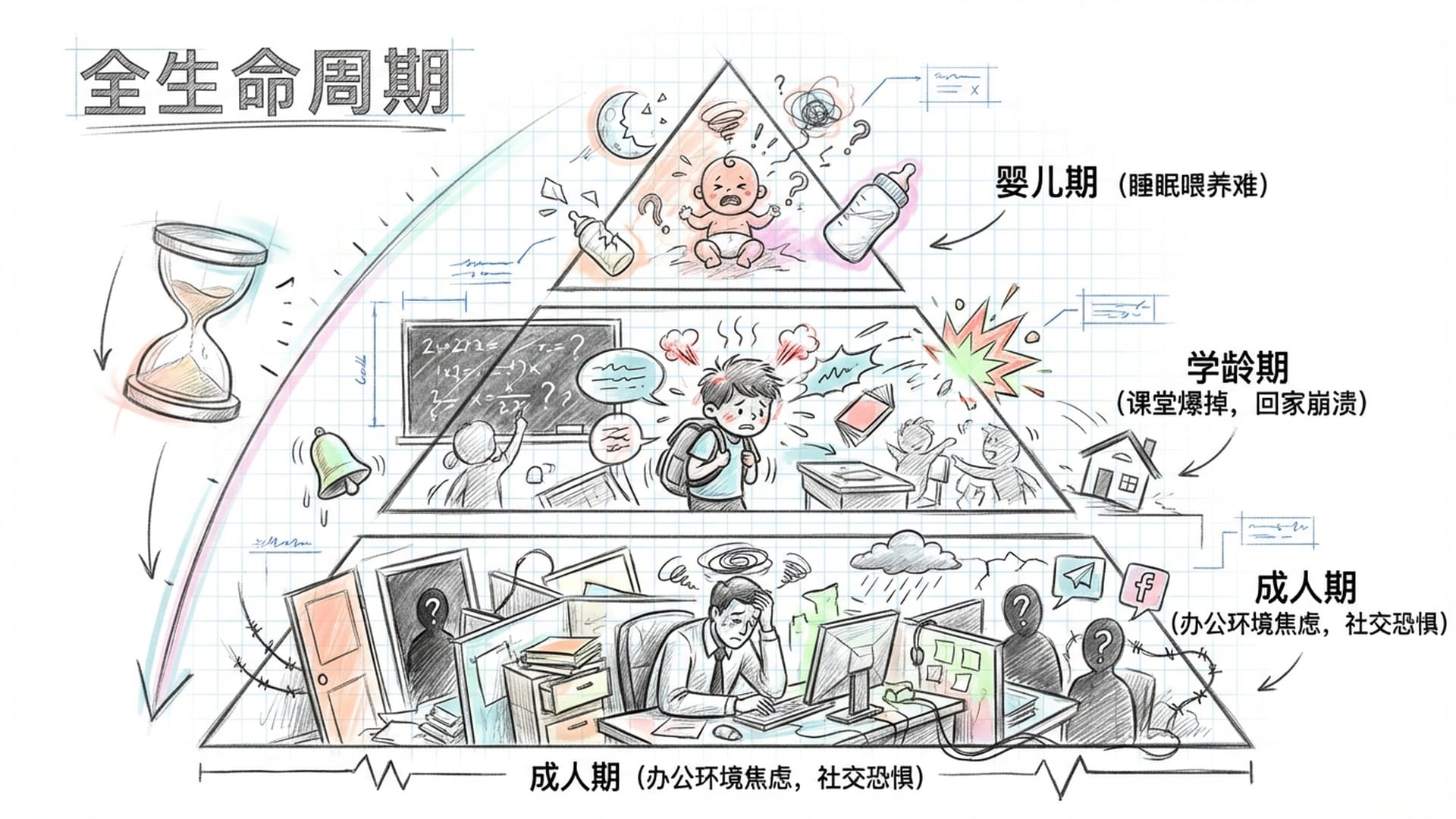 一个三层阶梯，展示从婴儿到学龄再到成人的不同苦恼，背景是流逝的时间沙漏。