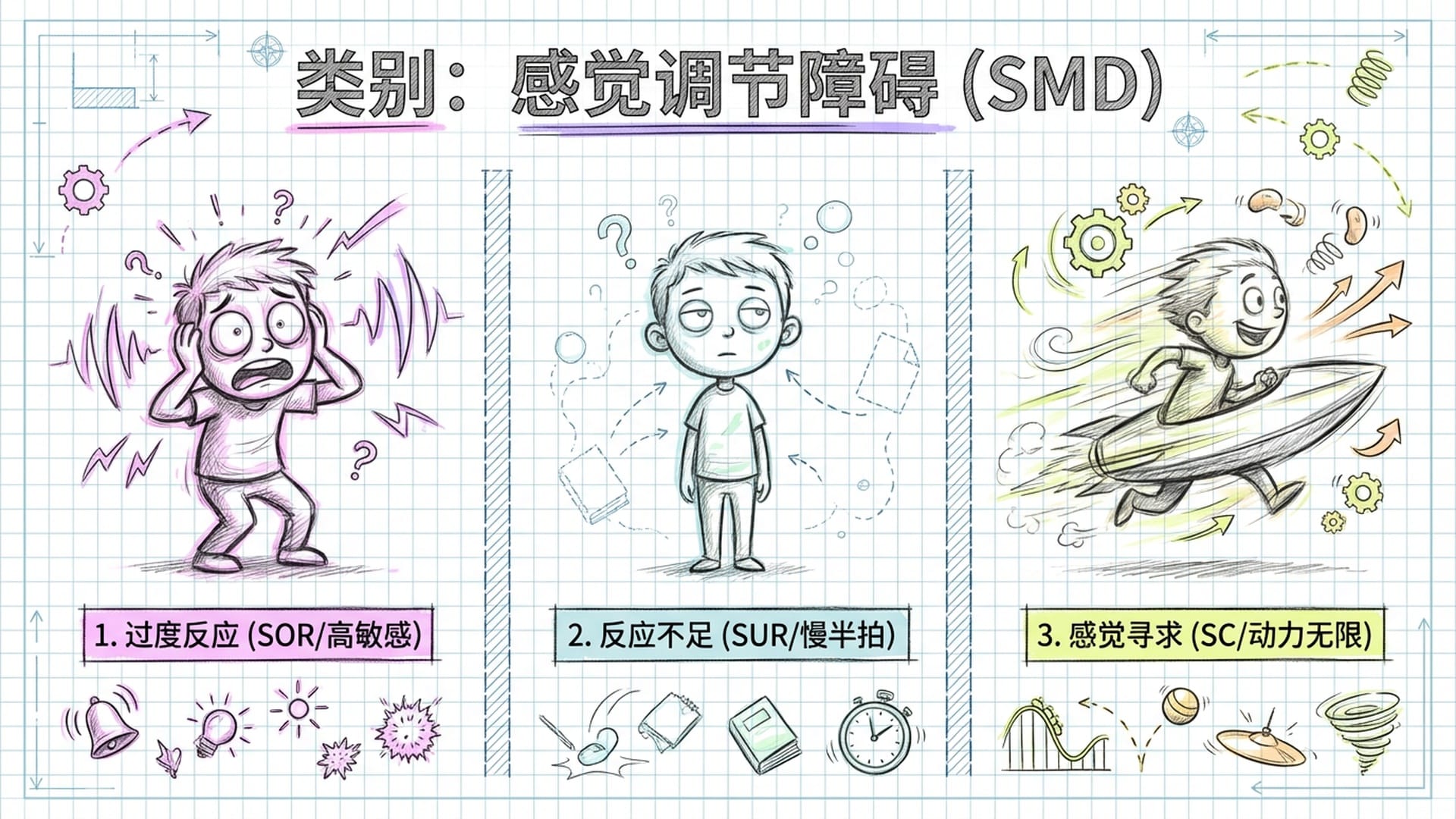 三种不同反应的卡通形象：一个捂耳朵惊恐、一个迟钝发呆、一个像快艇一样飞速旋转寻找刺激。