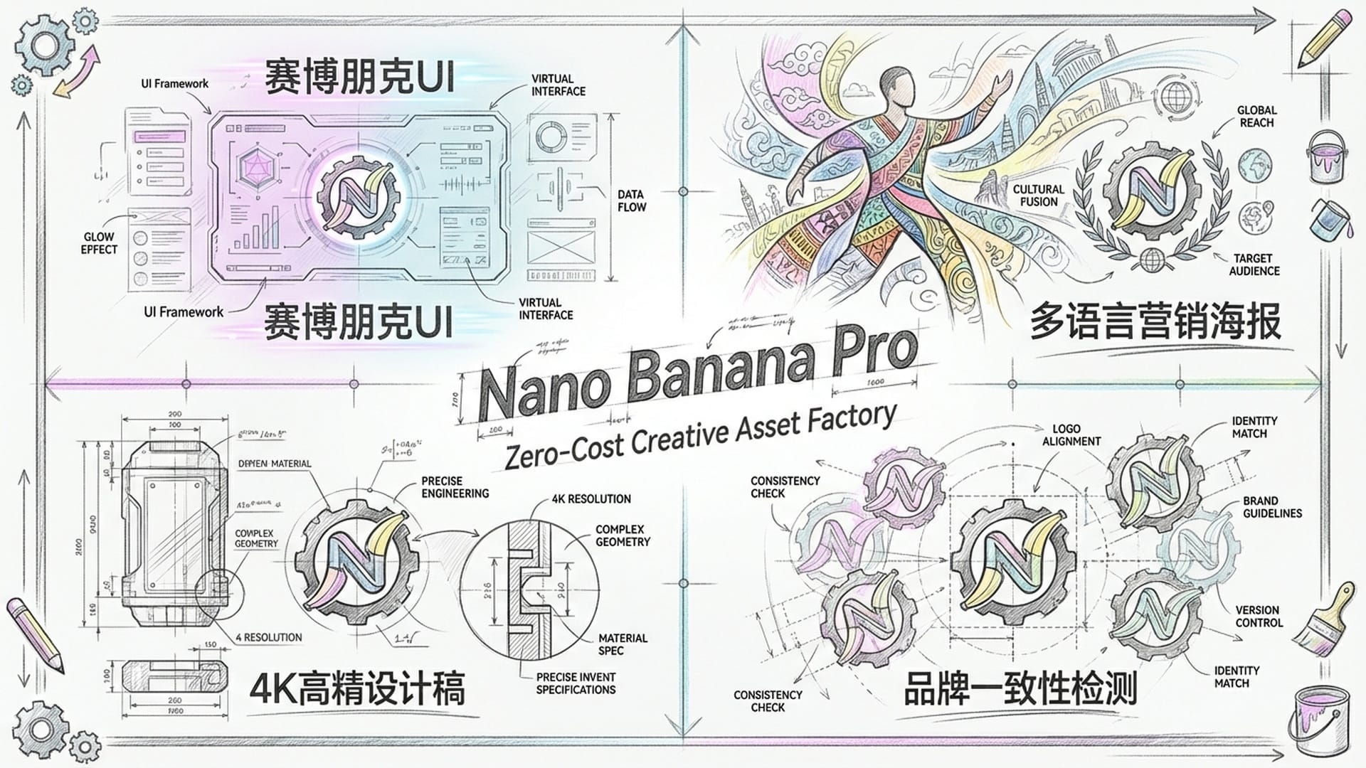同一个品牌logo在不同风格、不同国籍模特、不同背景色彩下生成，但产品特征保持惊人的一致，旁边浮现Nano Banana Pro字样。