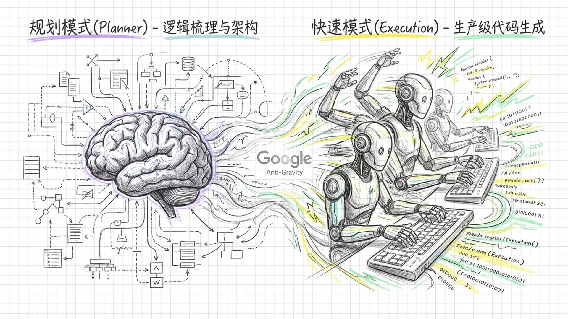 一个二元布局，左侧是一个大脑在沉思，连接着复杂的架构图（规划模式）；右侧是一个多手机器人快速敲击键盘（快速模式）。