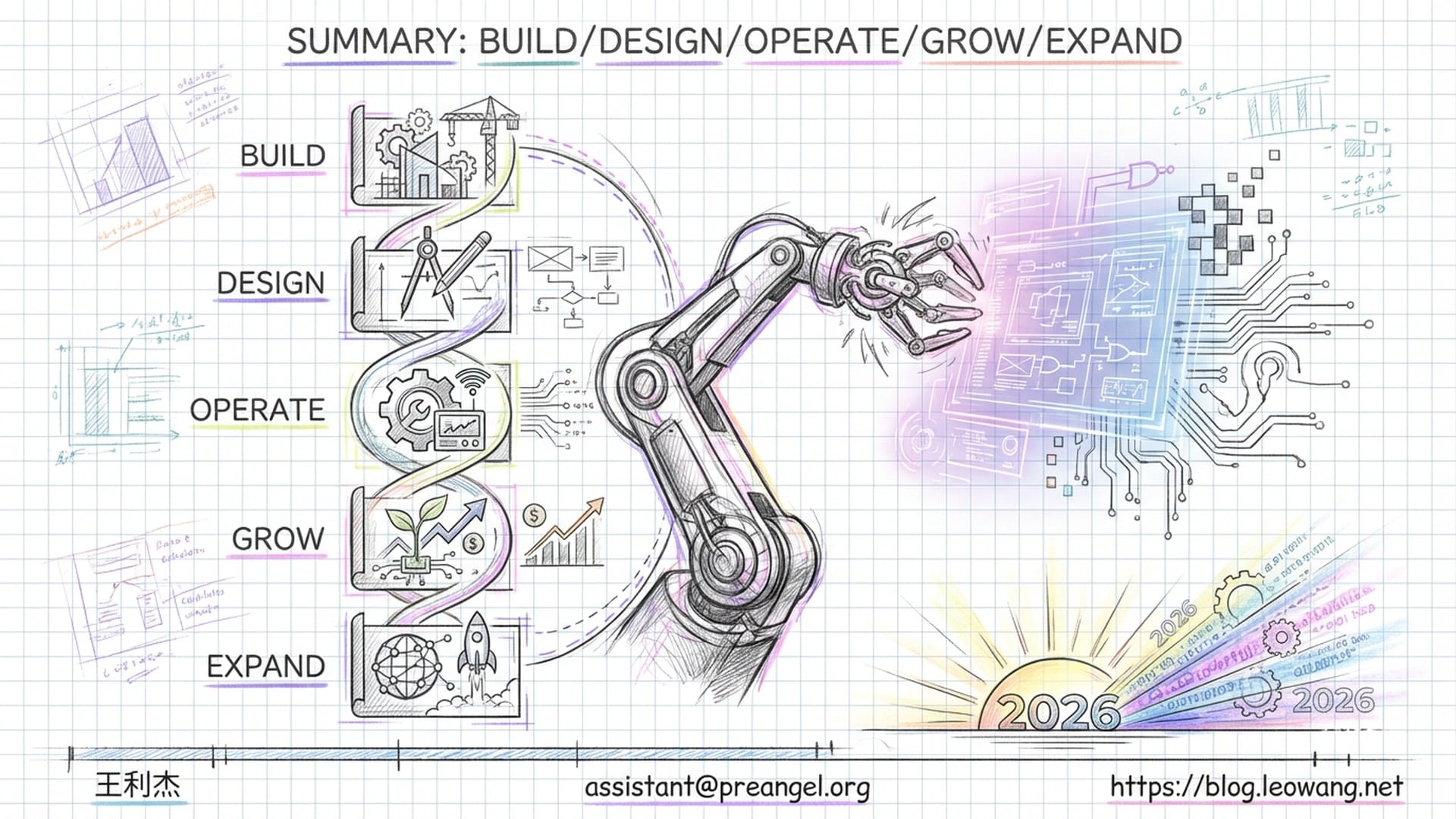 最后总结：原子与比特的结合。机器人手臂与数字蓝图交织，背景是王利杰的联系方式和2026的曙光。