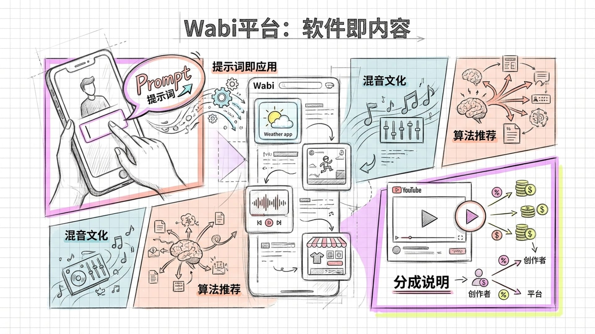 Wabi 平台的瀑布流界面，展示各种通过文字生成的迷你App，创作者正在手机端通过Prompt调整功能，类似YouTube的分成说明浮现。