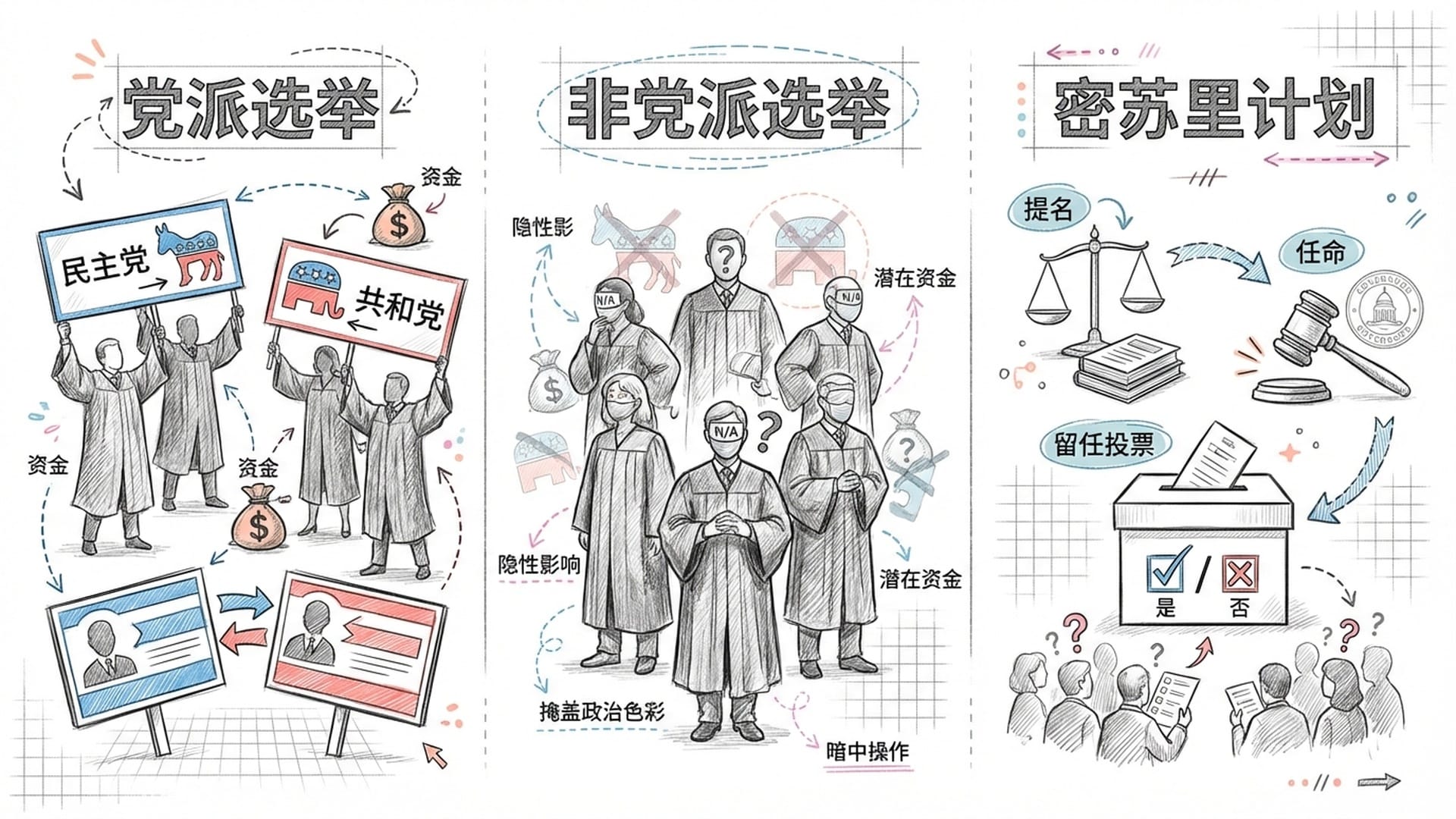 Political candidates in judicial robes with campaign signs and bags of money, satirical but professional style.