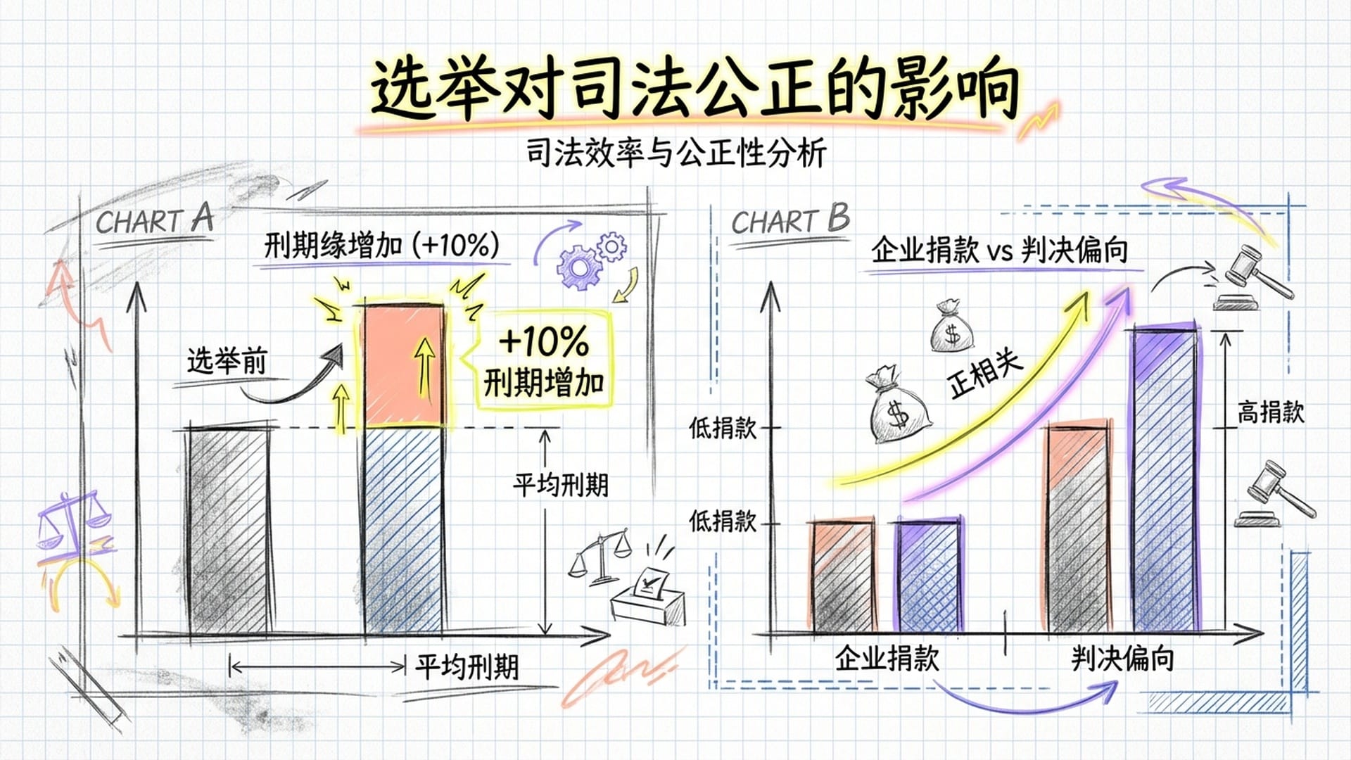 Two bar charts comparing sentencing times before and after elections, highlighted in high-contrast red.
