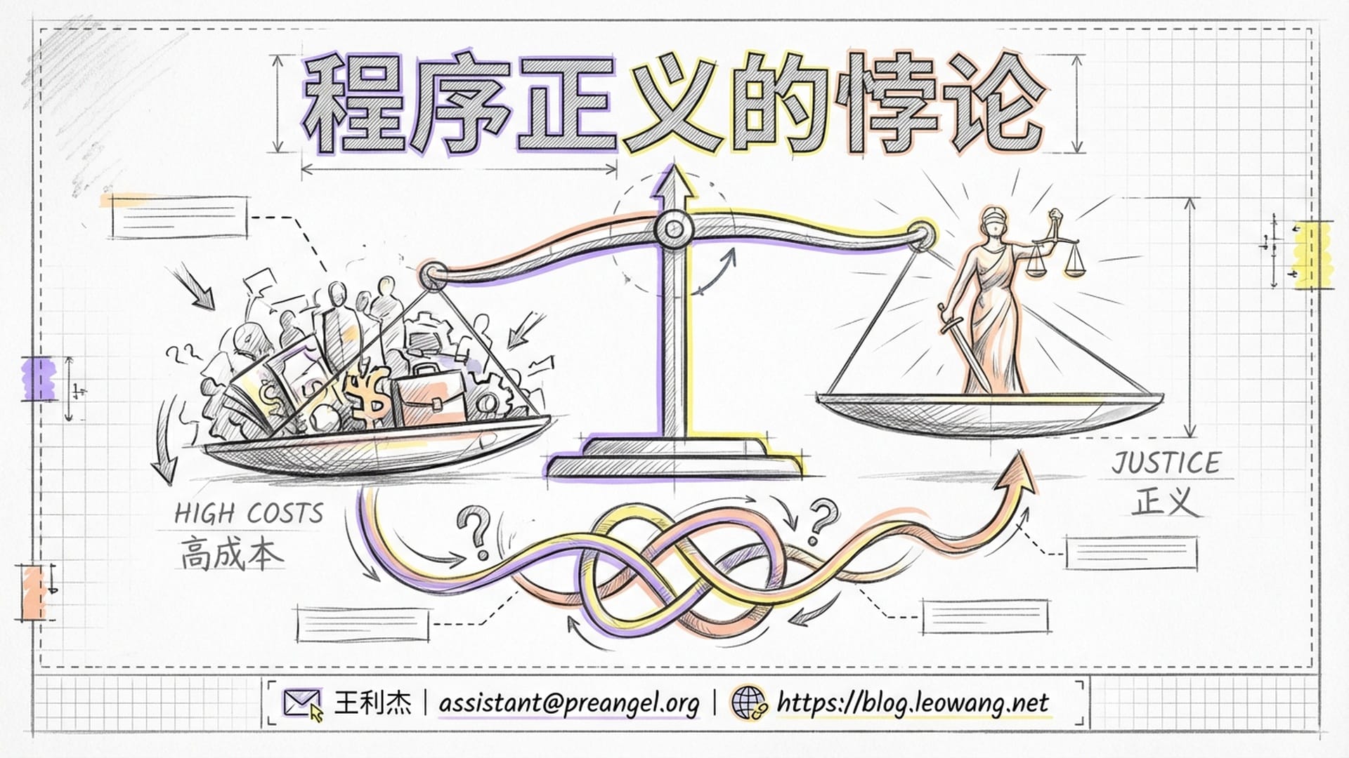 Final summary slide with a balance scale made of light, professional footer with contact info.