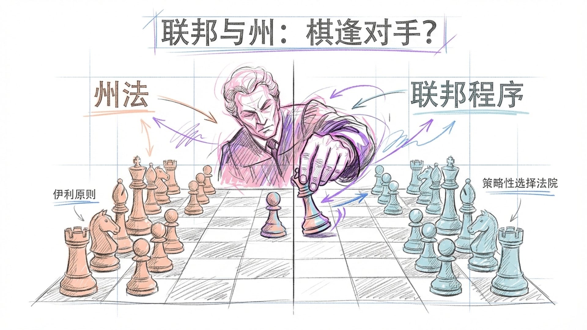 A split chessboard with a judge moving a piece between 2 sides, 'Federal' and 'State', conceptual art style.