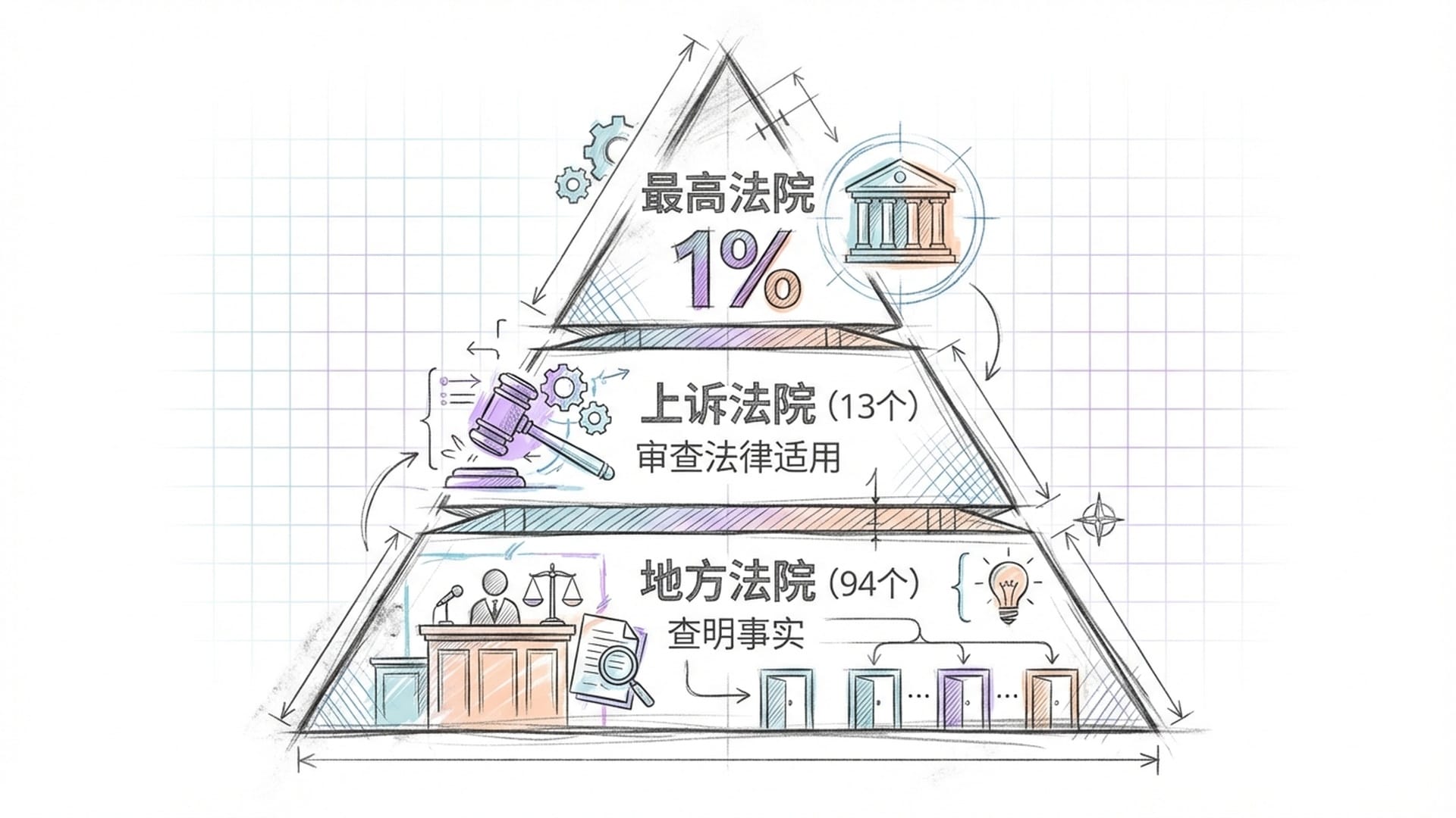 A glowing pyramid showing the 3-tier structure of the federal court system, professional grid background.