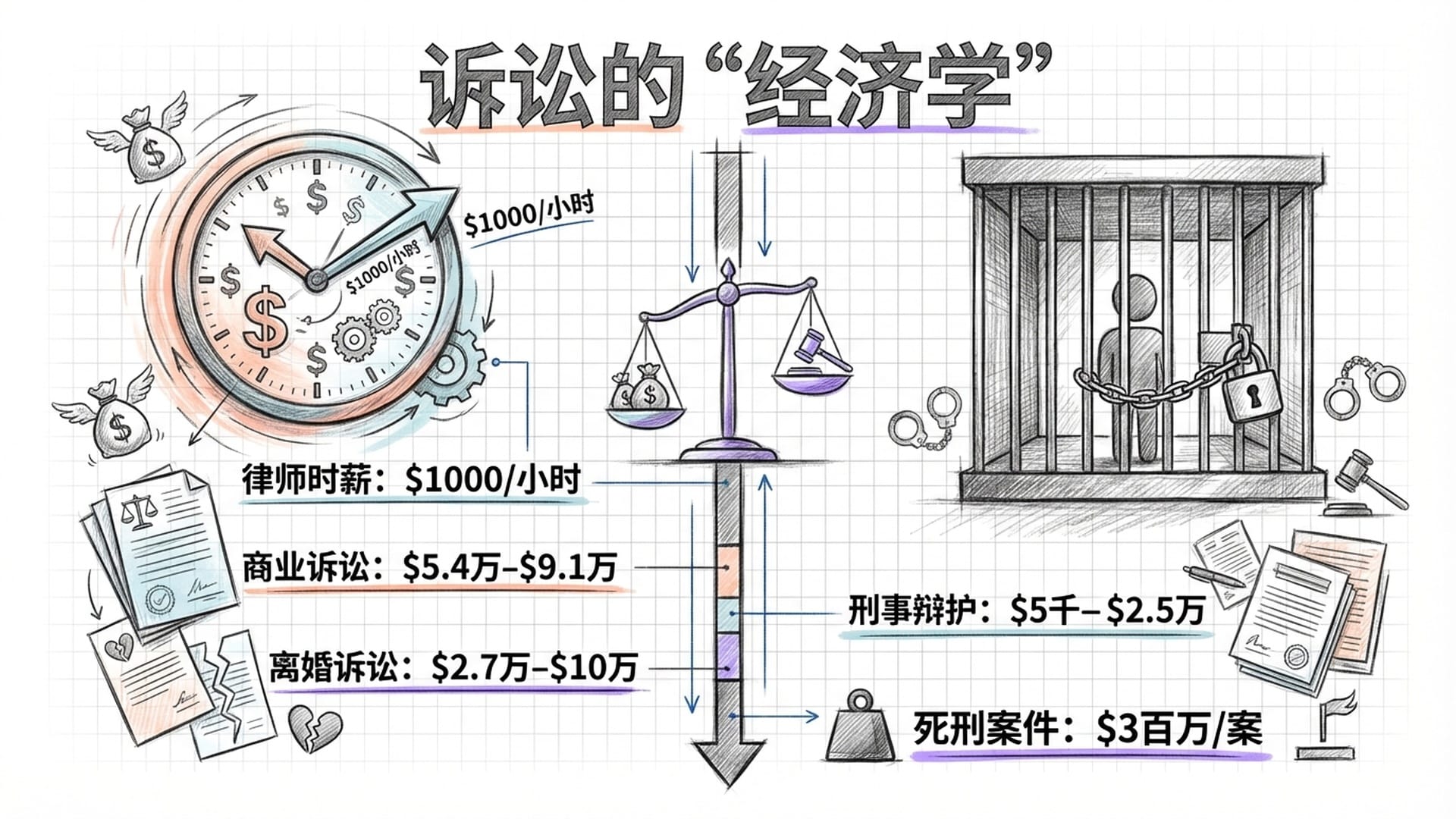 A financial comparison of a clock ($1000/hr) vs a prison cell, very sleek and modern visualization.