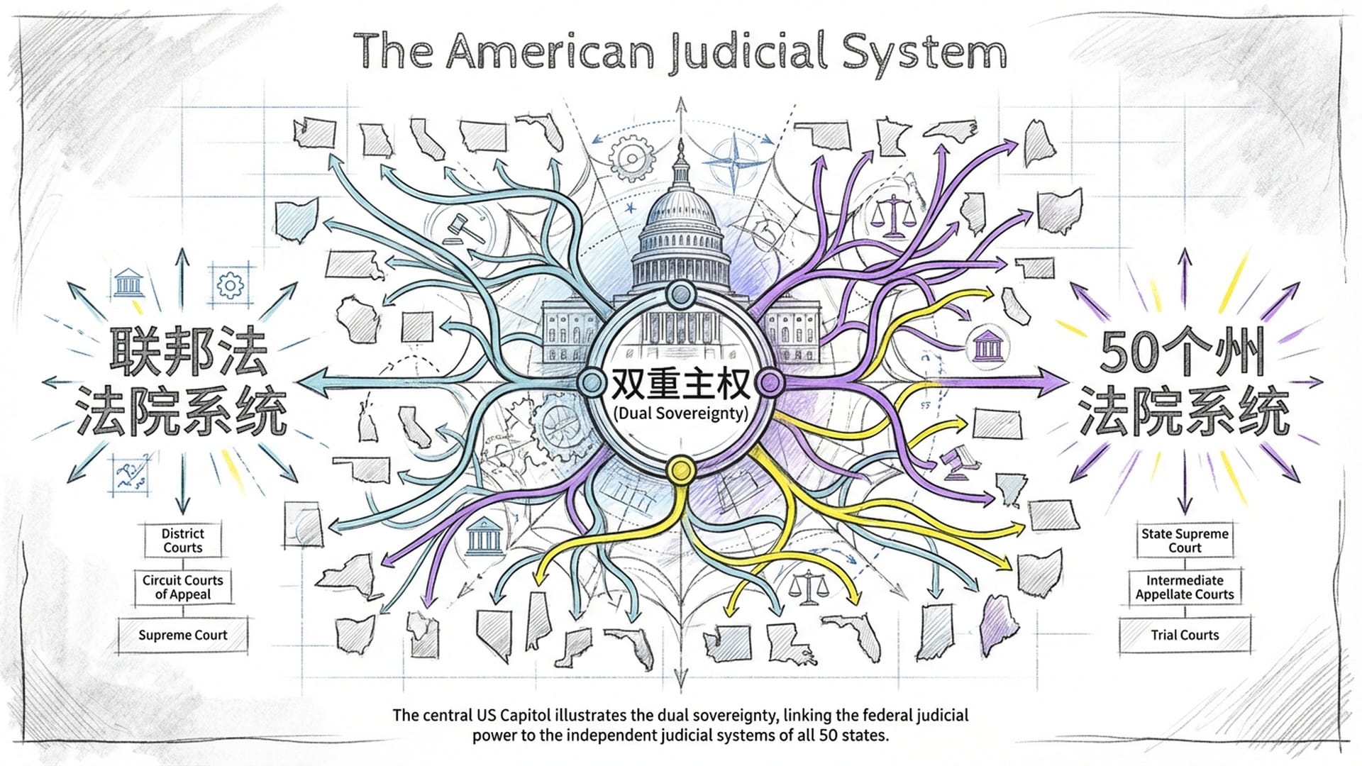 A large, glowing web connecting the US Capitol building with 50 state outline maps, neon blues and greens.