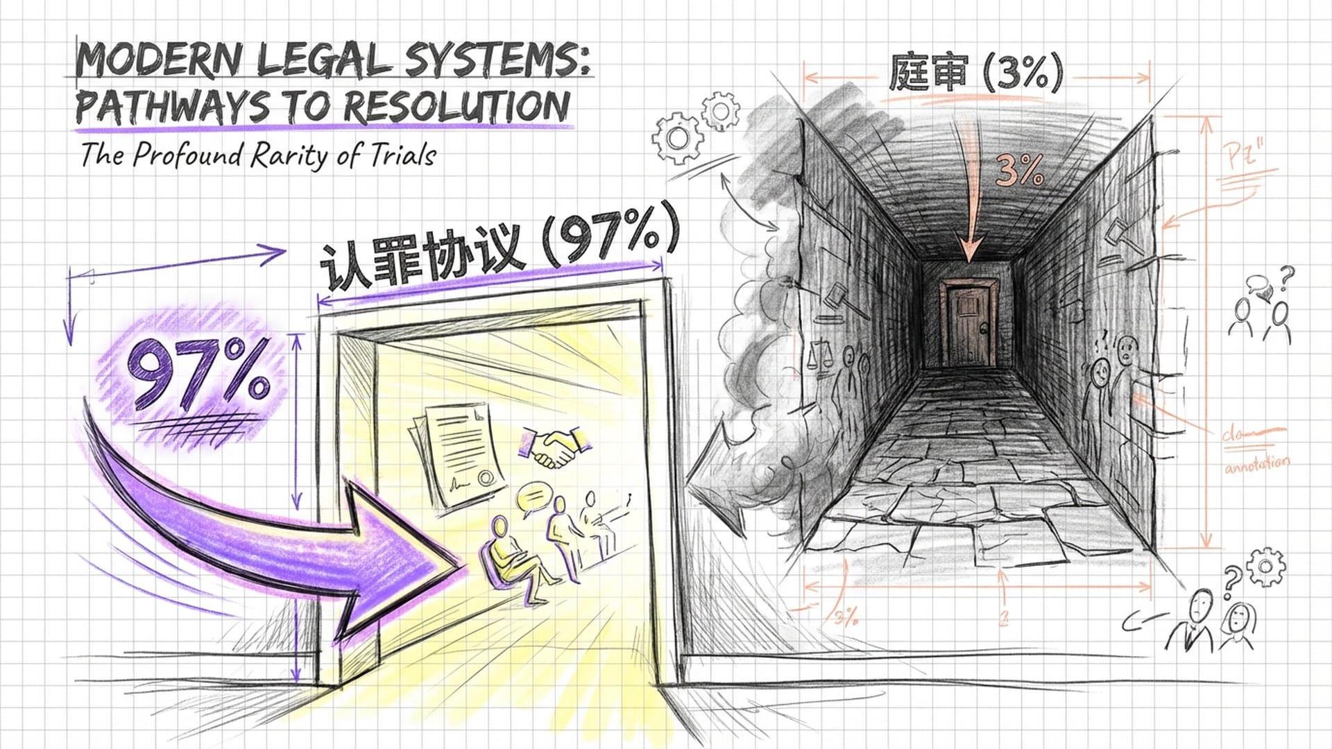 A dark hallway leading to a small door labeled 'Trial' while 95% of people go through a side door 'Plea Deal'.