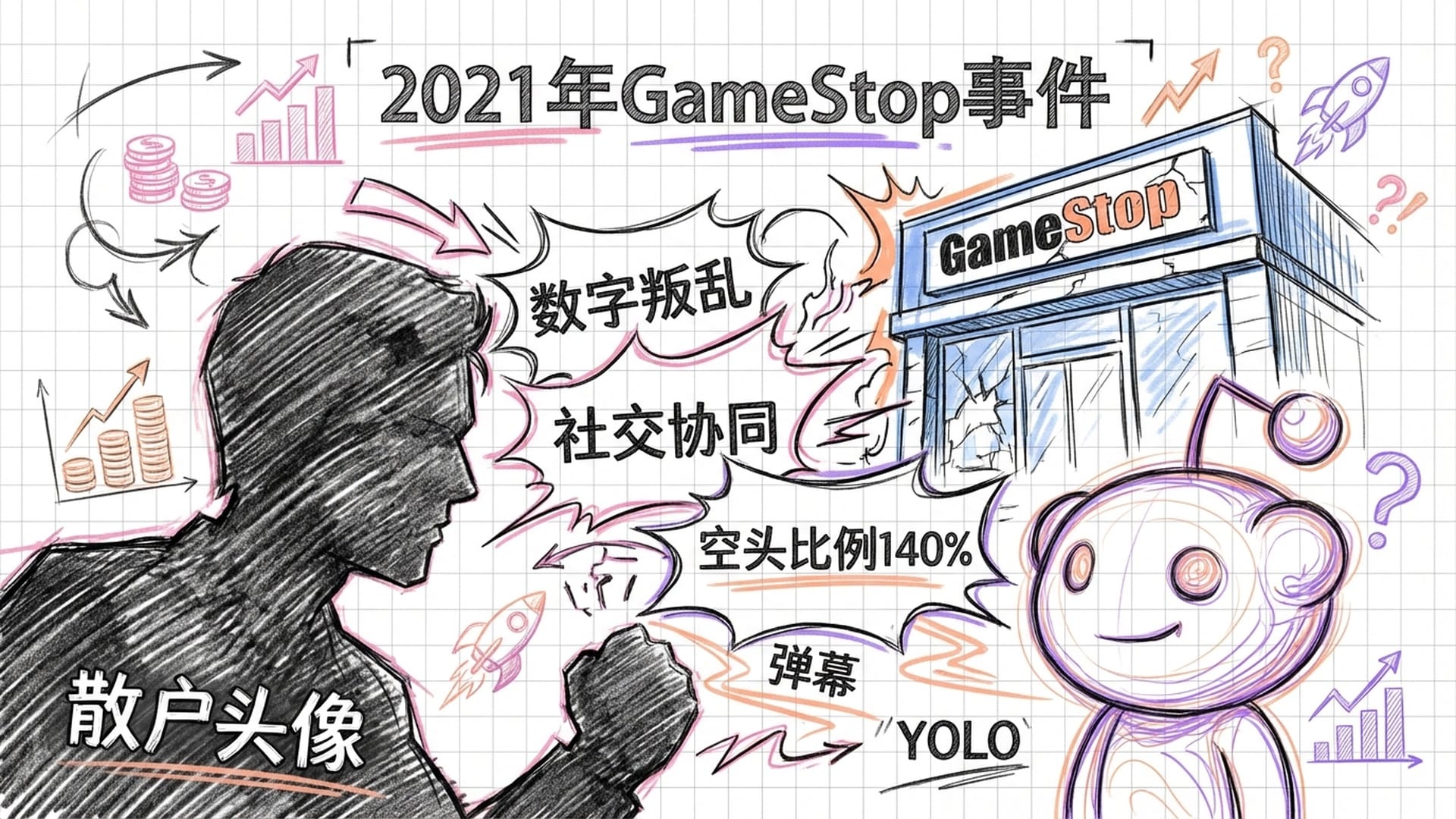 散户头像与Reddit论坛标志组成的现代战争氛围感画面，背景是密集的弹幕和Gamestop店面。