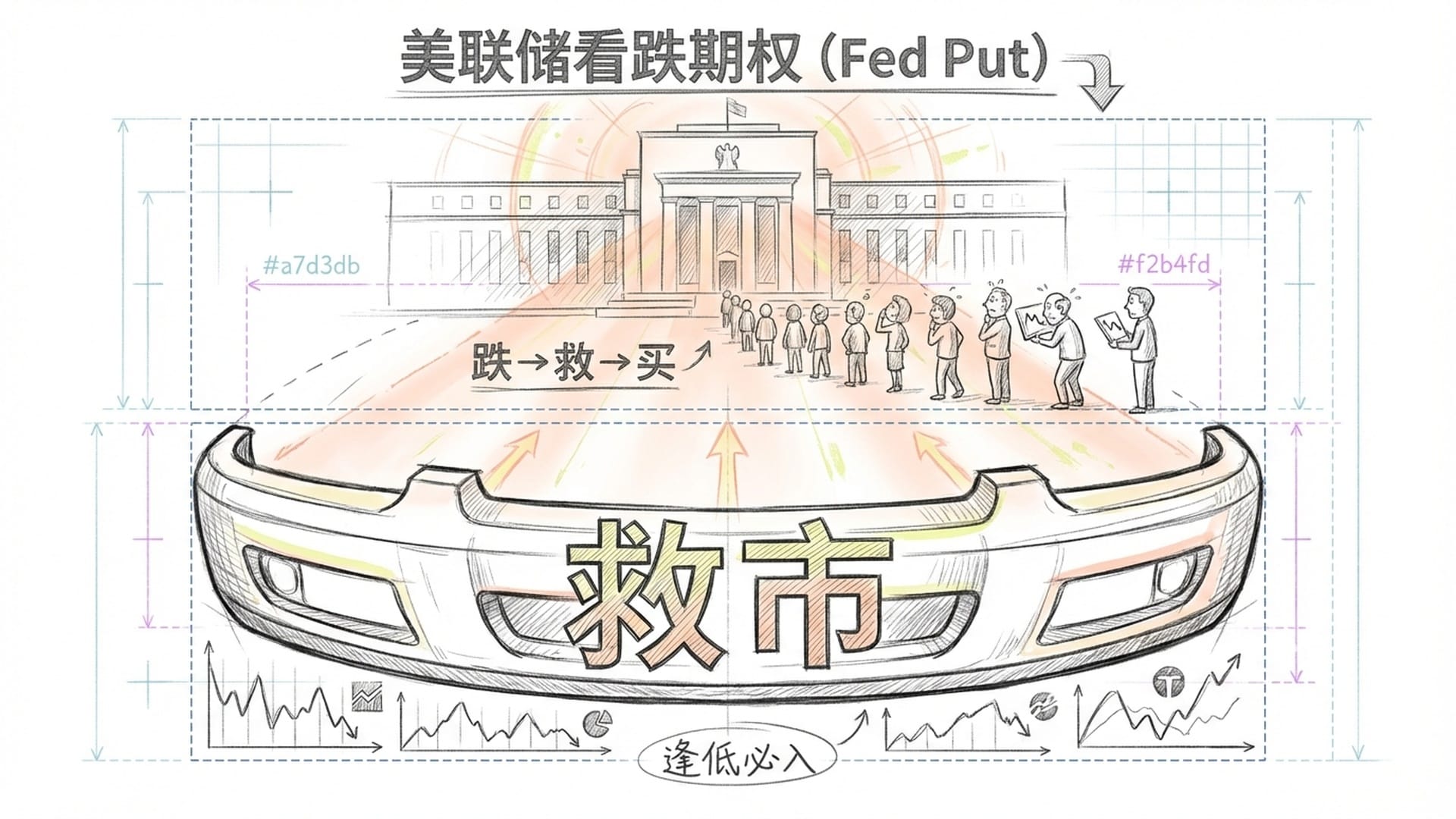 美联储大楼下方，投资者在排队等待，背景是巨大的“救市”保险杠，色调温暖。