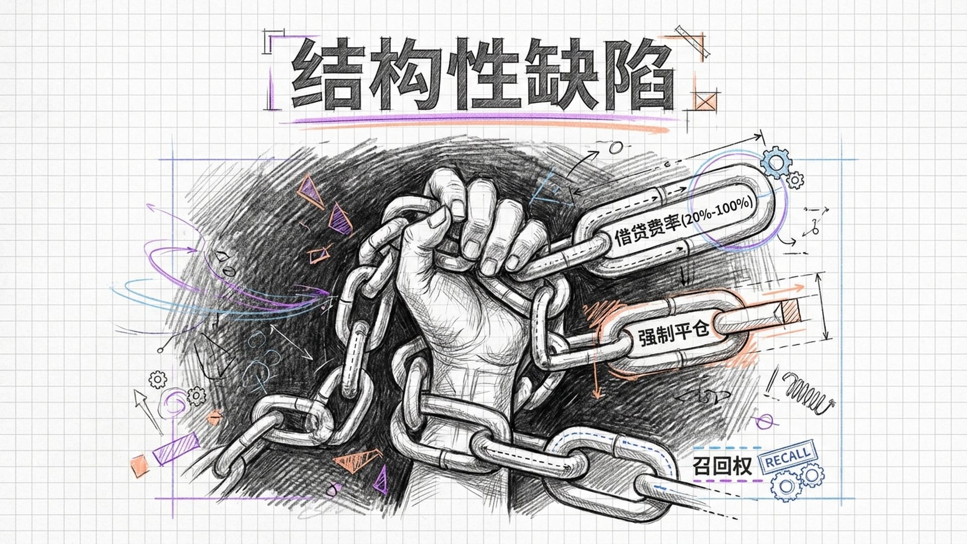 冰冷的黑色背景，一条金属锁链紧紧勒住一只代表投资者的手，锁链上刻满金融条款。