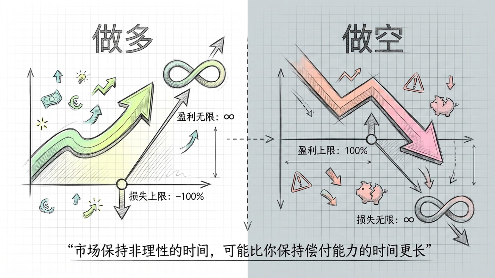 极简主义风格的对比图，左边是做多逻辑，右边是做空逻辑，色调为清新绿与警示红。