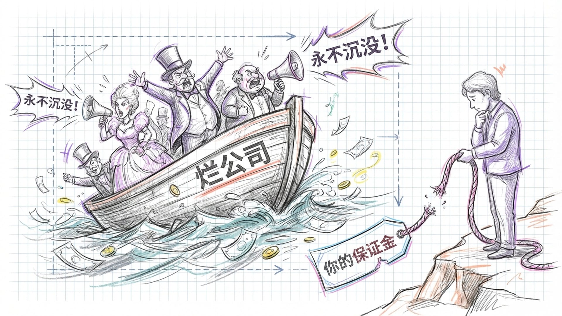 一艘在汹涌金钱波涛中下沉的旧木船，船上满是亿万富翁在狂欢，岸边是手握断裂绳索的孤独观察者。