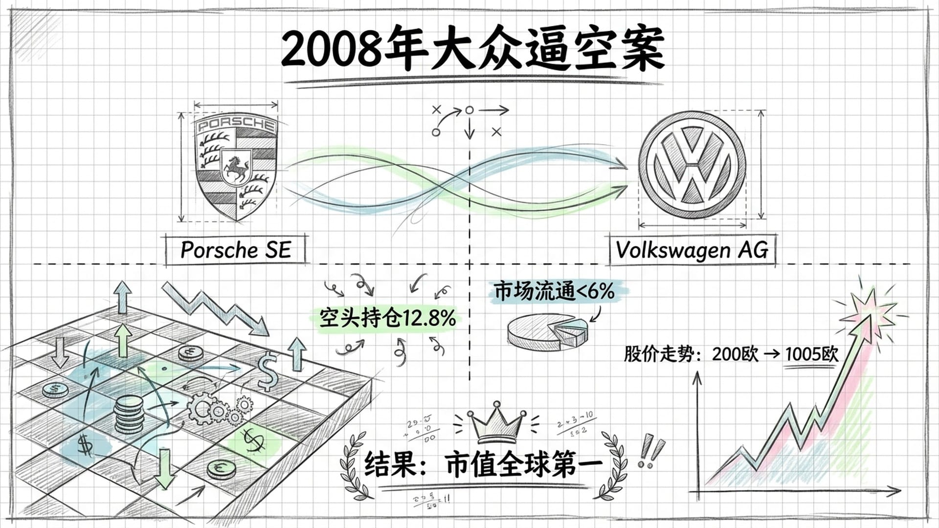两家汽车公司的标志对比，保时捷标志与大众标志，背景是复杂的股票持仓棋盘图。