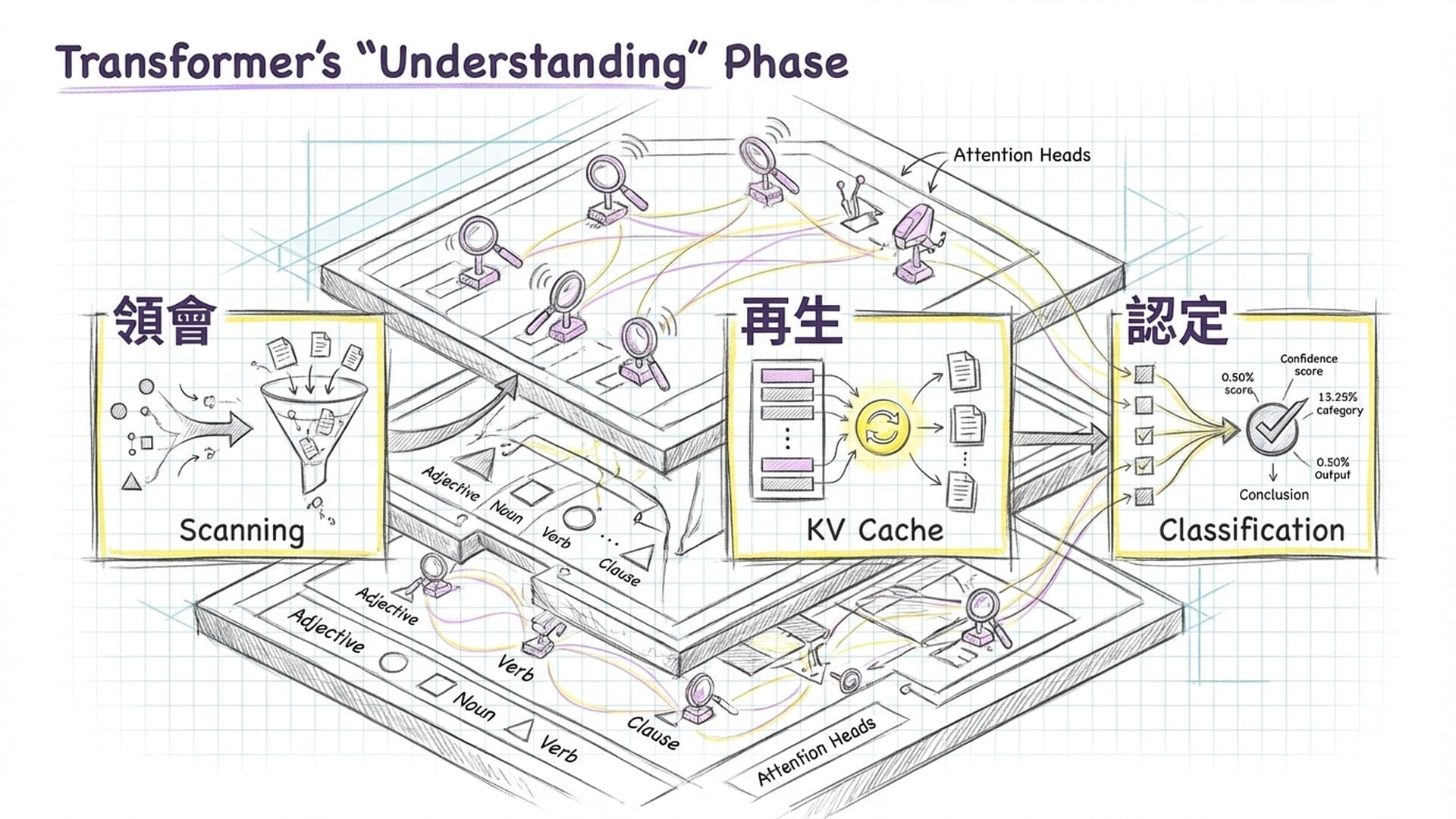 注意力头扫描并突出显示形容词与名词之间的连接