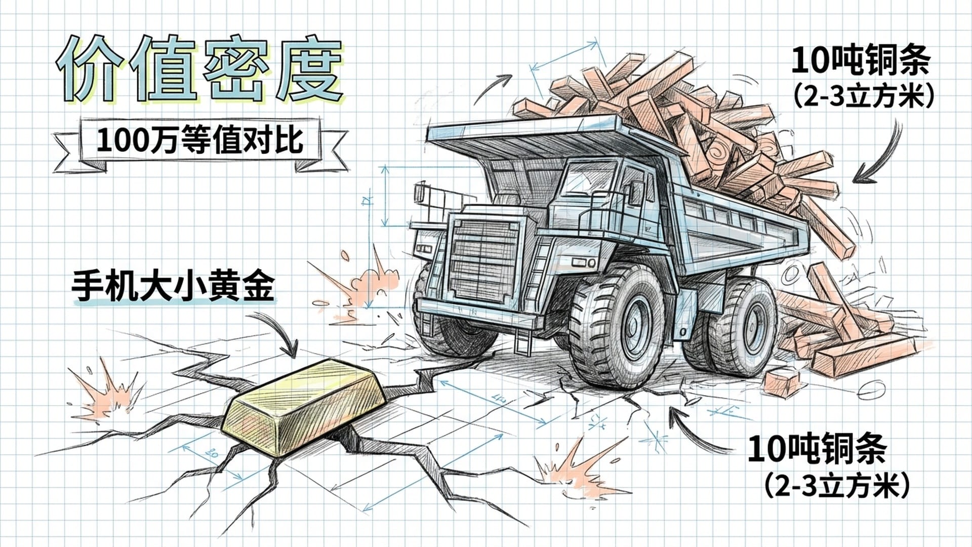 价值密度的视觉展示。一小块金砖对标一辆装满铜条的载重卡车，卡车停在裂开的客厅地板上。