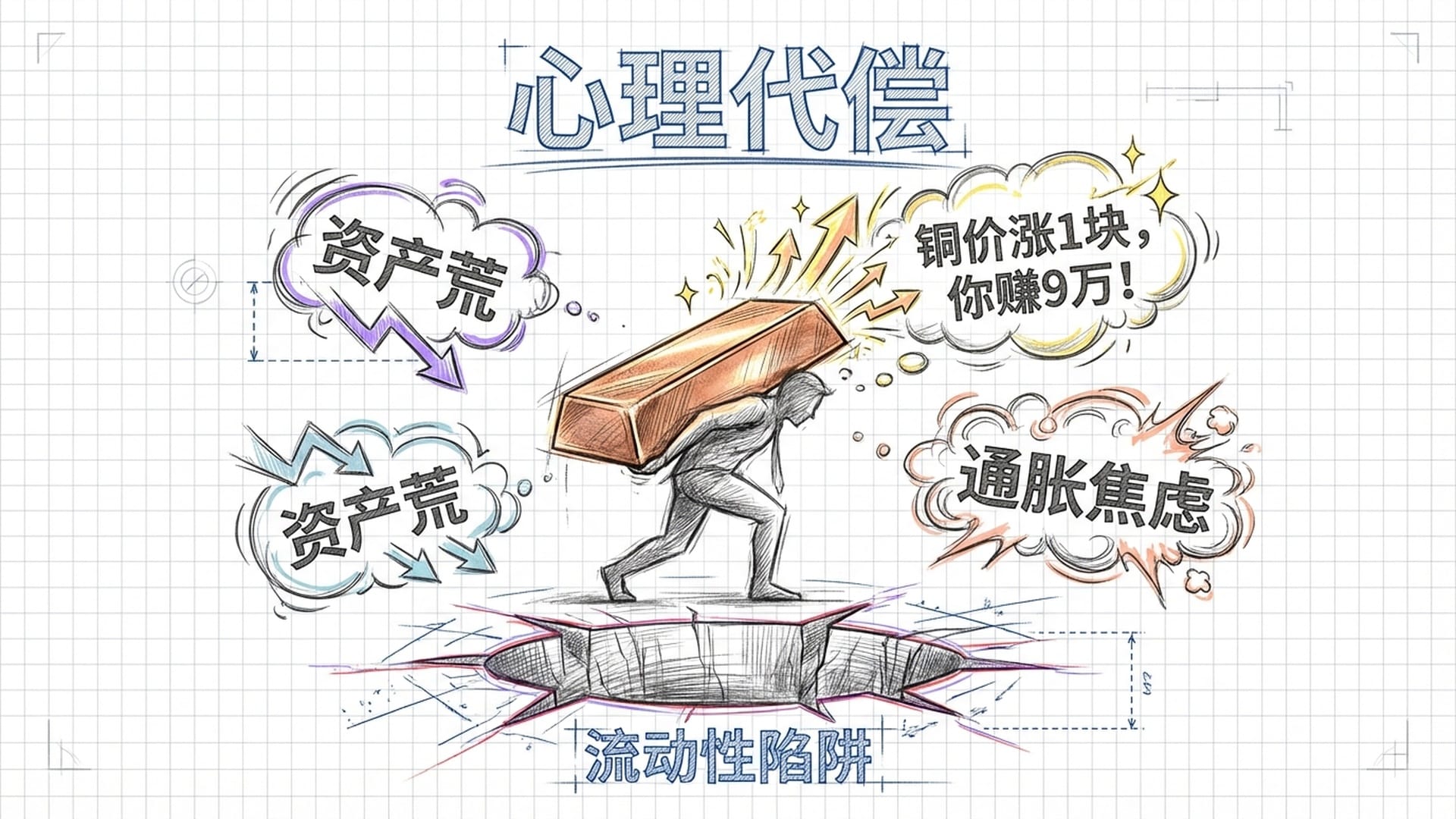 心理代偿示意图。一个人抱着沉重的铜条，幻想着财富翻倍，但脚下是陷阱。周围悬浮着‘资产荒’和‘通胀焦虑’的文字。