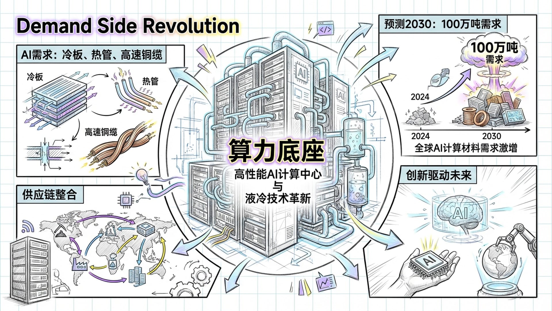 需求侧革命。发光的AI服务器机架、液冷管道系统。蓝色和紫色霓虹光，象征算力时代。