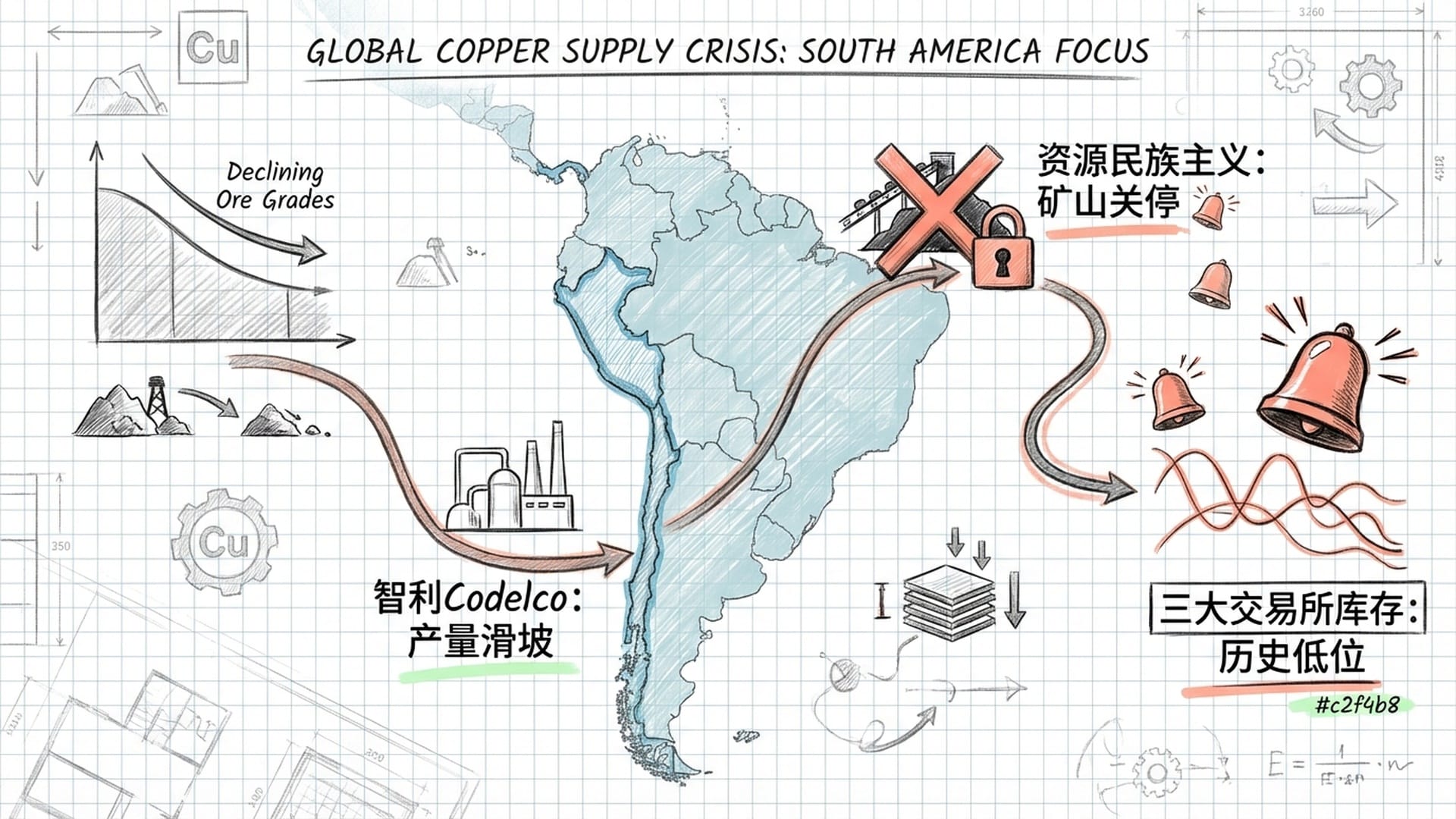 南美洲地图（智利、秘鲁）。矿山剪影，品位下降的曲线。巴拿马矿山关闭的标志。低库存的红线警报。