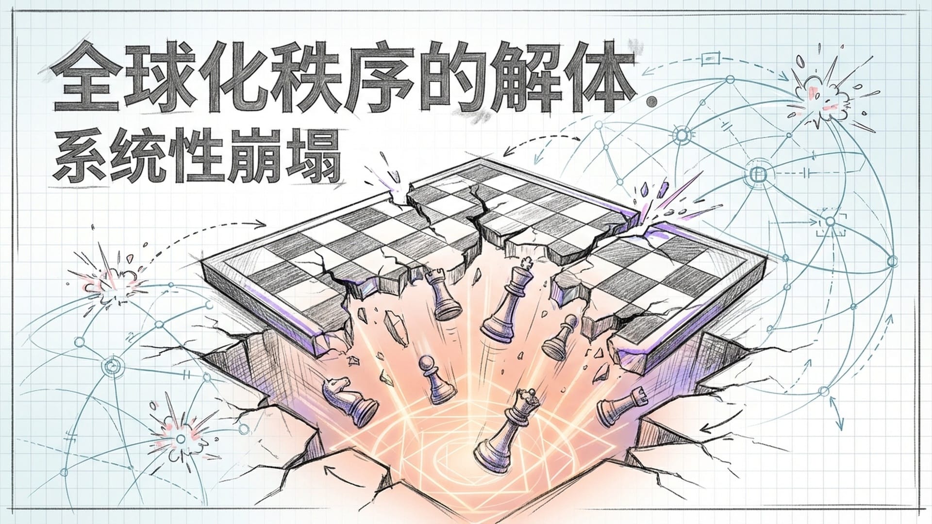 裂开的棋盘，棋子掉入发光的几何深渊，背景是错综复杂的全球网络连线，象征系统性崩塌。