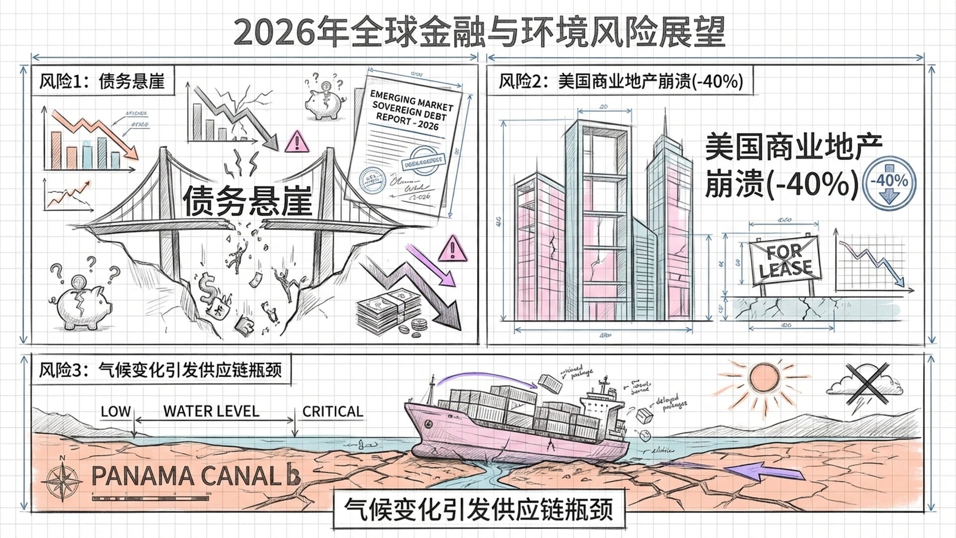 三格画面：1. 新兴市场主权债务违约报告。2. 城市摩天大楼的空洞。3. 巴拿马运河干旱的水位线。