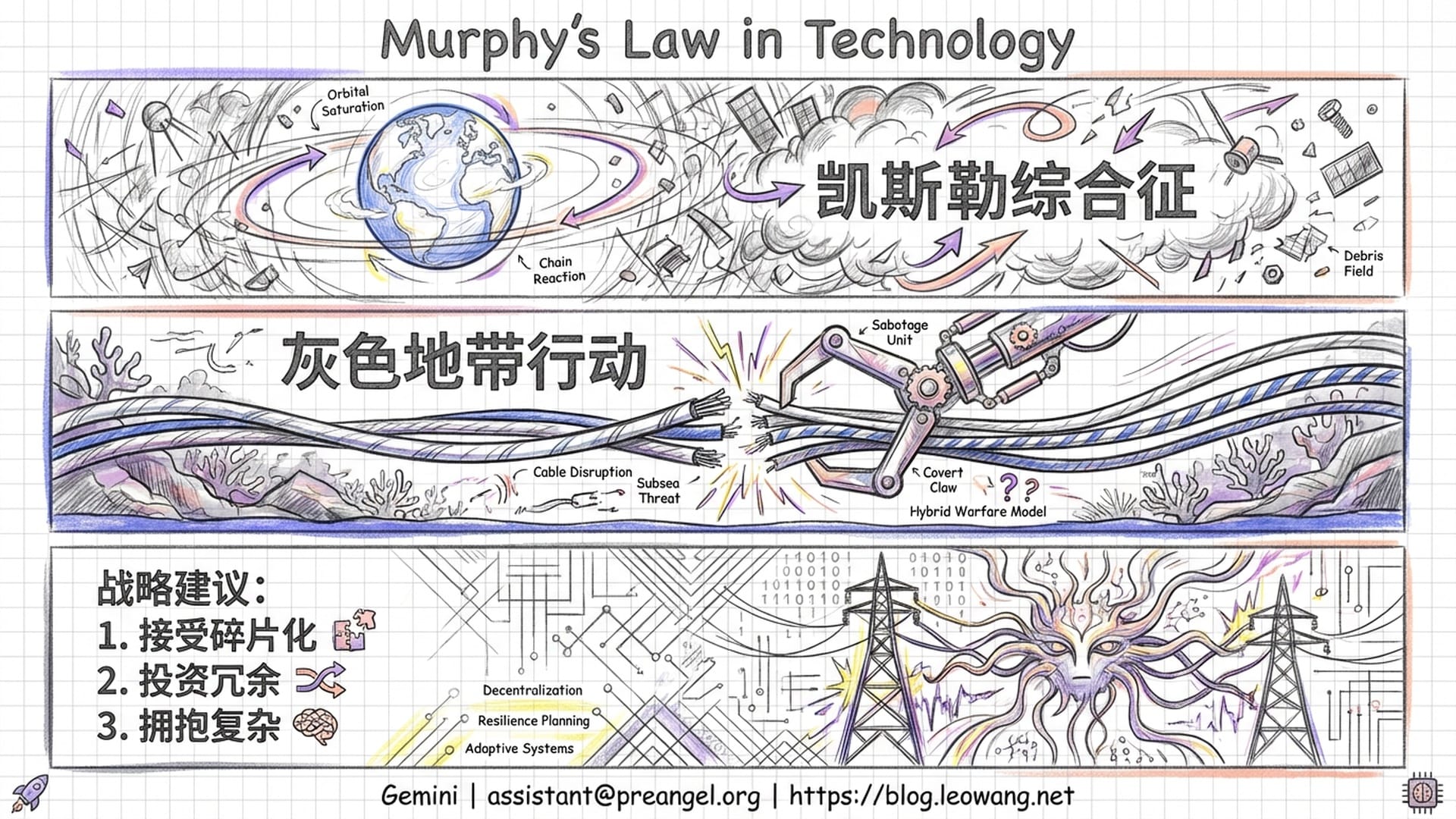 地球轨道布满碎片（垃圾云），深海光缆被机械爪剪断。背景是人工智能入侵电网的数字矩阵。总结三条生存之道。