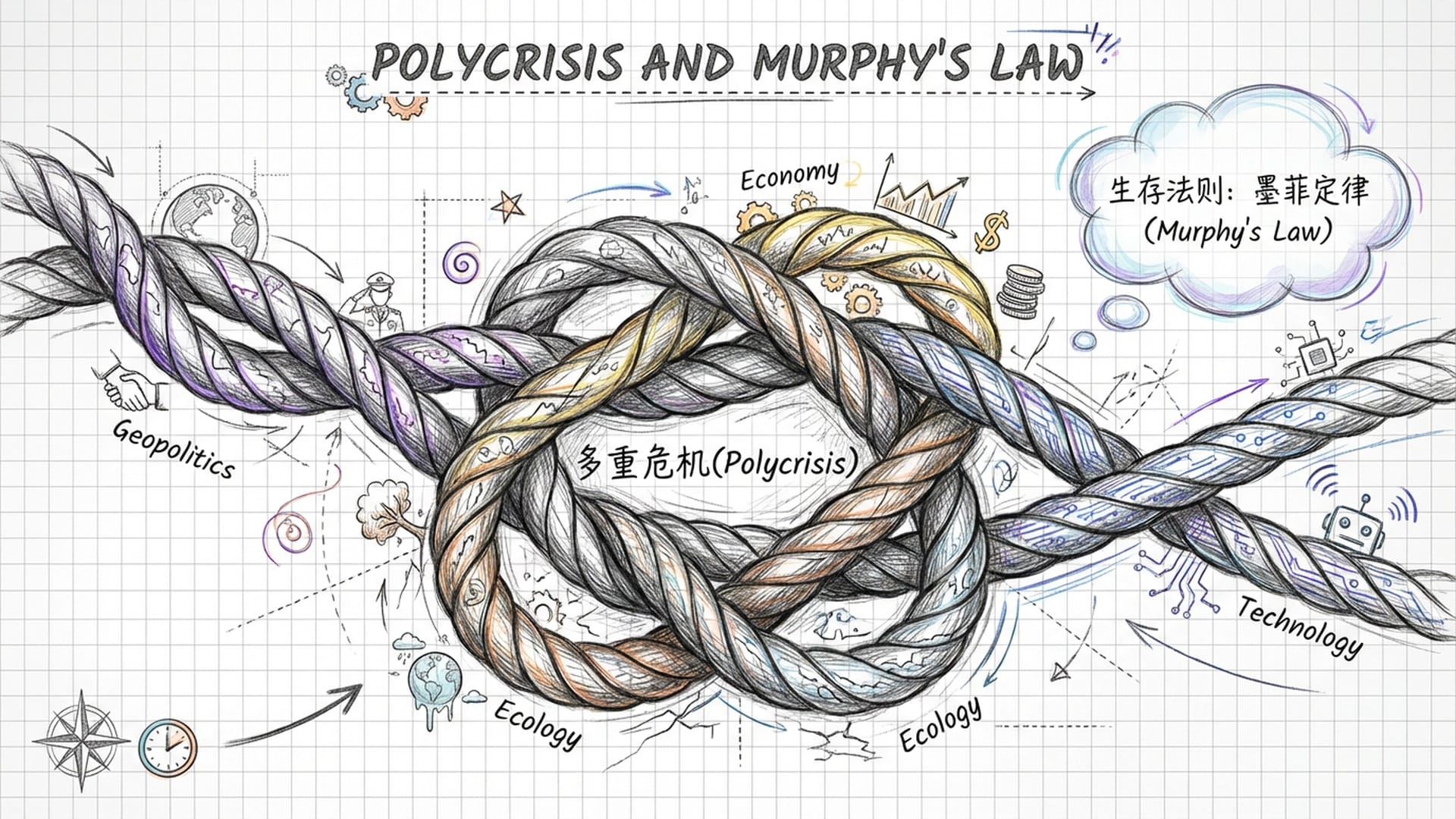 多重危机的交织，地缘政治、经济、生态、技术四个维度的藤蔓缠绕成一个死结。墨菲定律的文字浮现。
