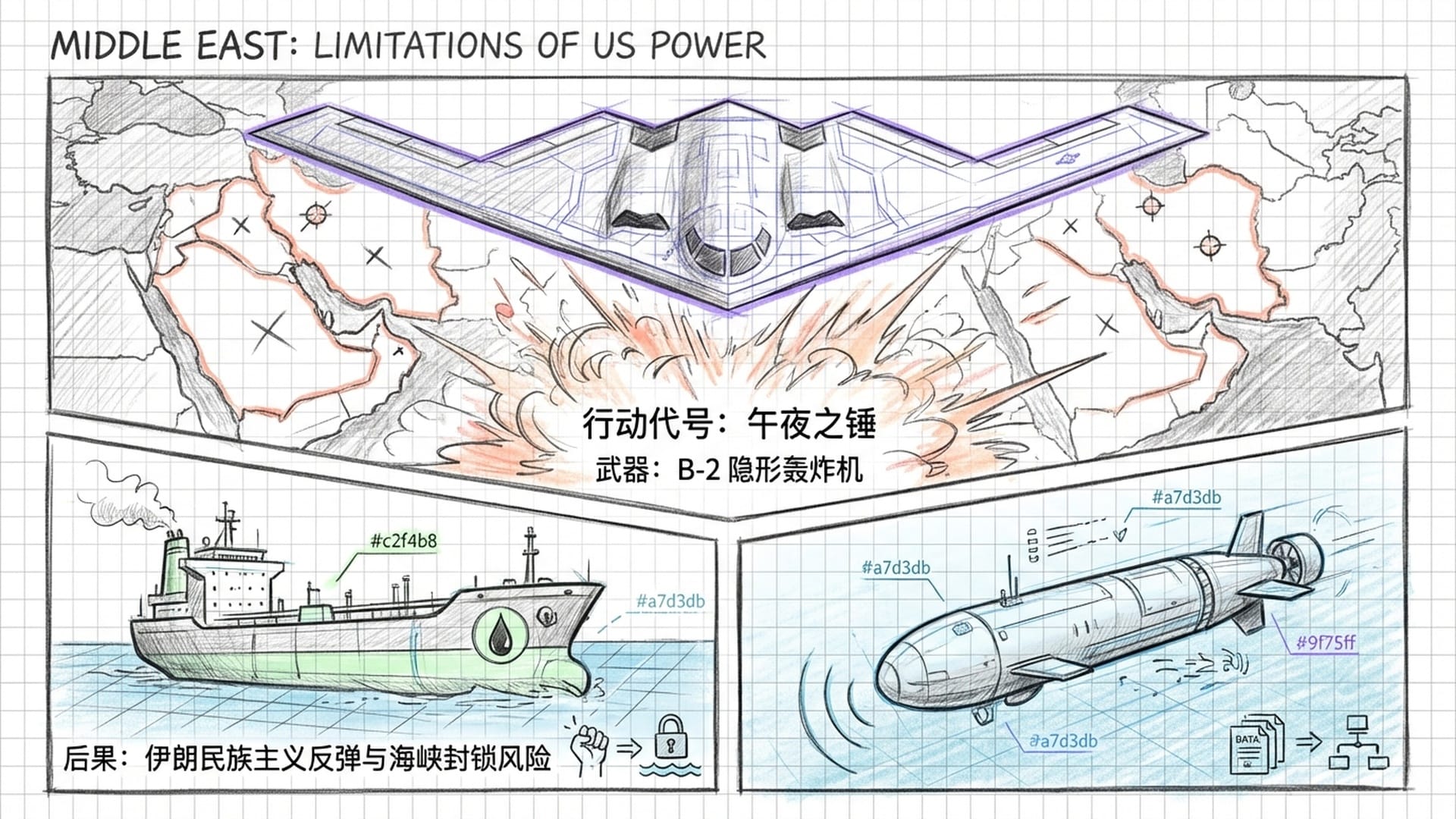 中东地图上的爆炸火光，B-2轰炸机剪影。下方是霍尔木兹海峡的油轮和无人潜航器。