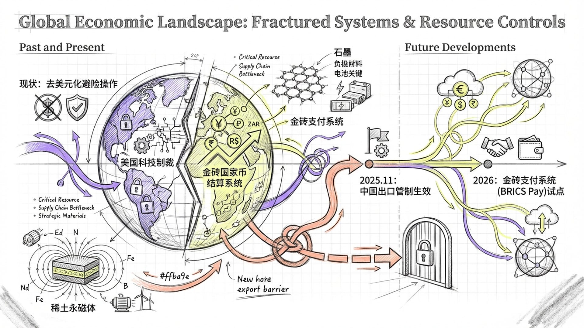 分裂的数据地球，一方是美国科技制裁，一方是金砖国家币结算系统。稀土永磁体与石墨的微观结构。