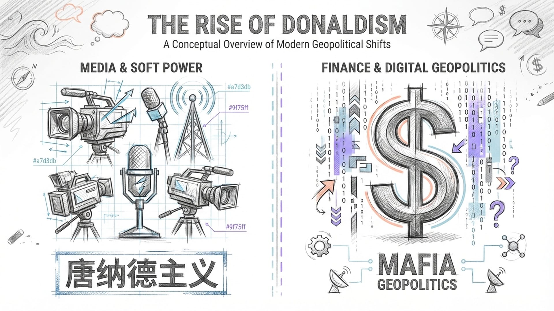 Glitchy television screens showing tactical maps, social media feeds, and the face of a media-savvy leader. Neon blue and industrial orange colors.