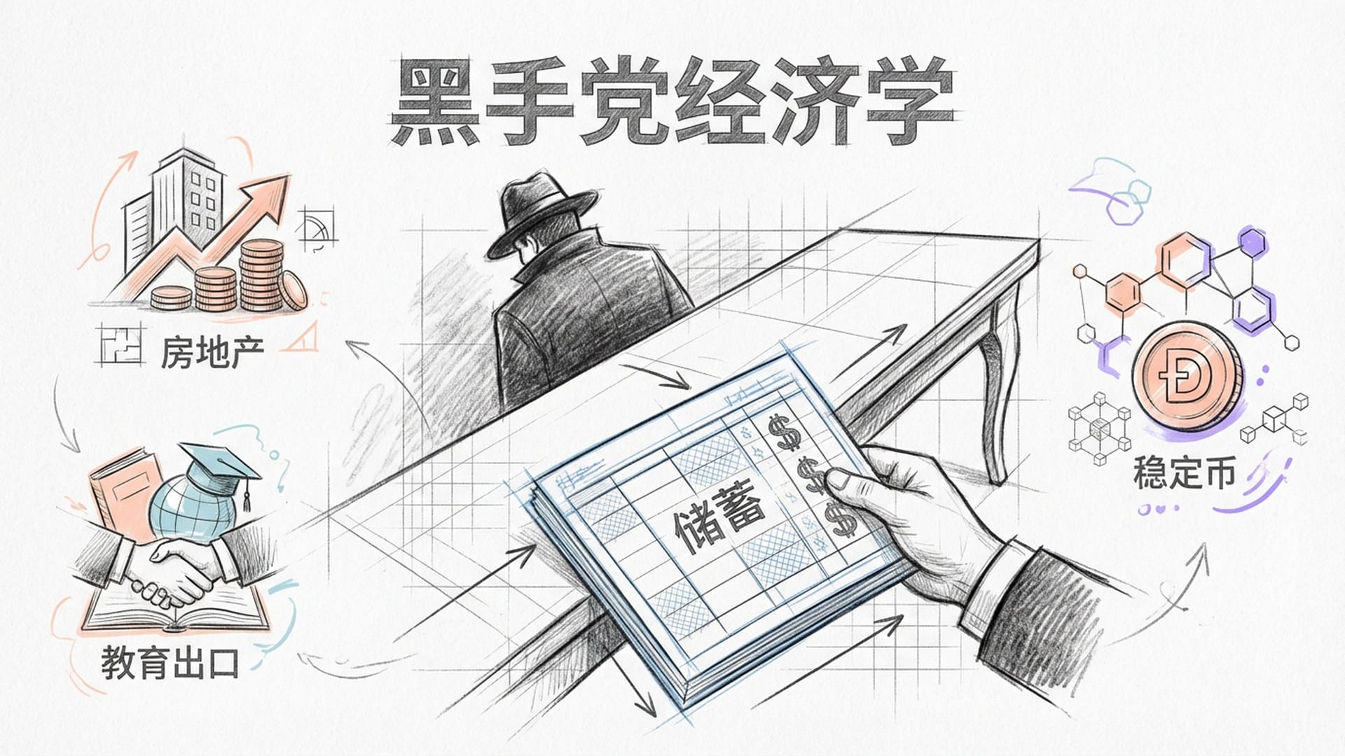 A stylized mafia office scene. A figure in a suit sliding a ledger across a table. The ledger shows Chinese characters for 'Savings' and US dollar symbols.