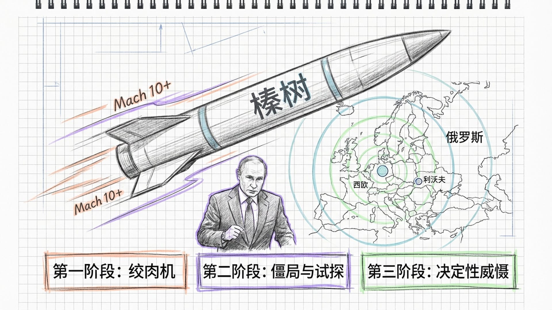A 'Oreshnik' missile soaring through the atmosphere at Mach 10. A map of Europe with concentric circles emanating from Russia. Vladimir Putin in a determined pose.