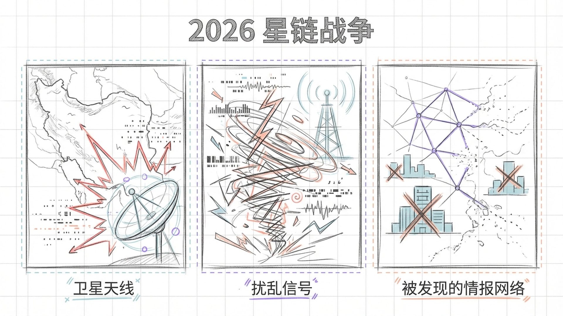 A map of Iran centered, with a Starlink satellite dish in the foreground emitting a red warning light. Digital static patterns in the air.