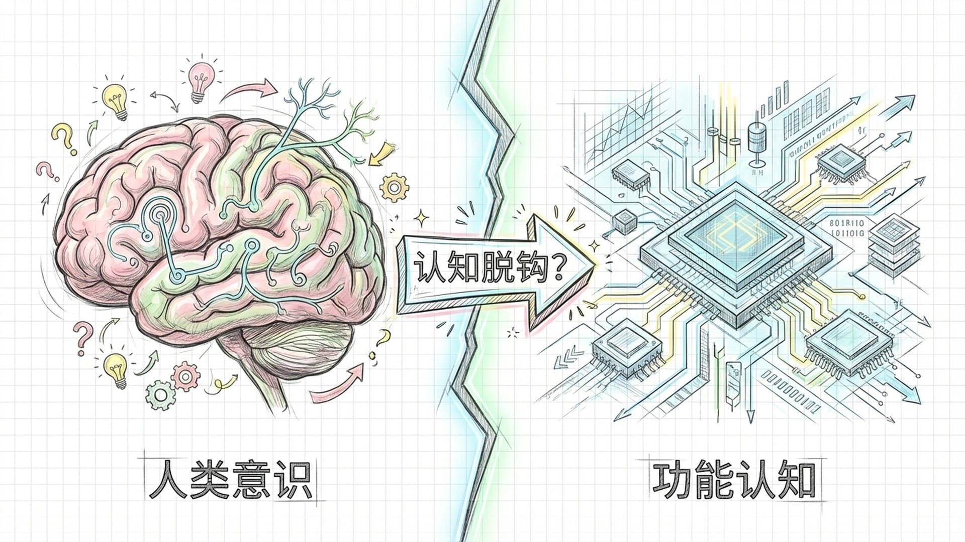 生物大脑与发光芯片的对比图示。左侧是具象的粉红色折叠大脑，右侧是晶体管构成的数字景观，中间有一道裂痕。风格干净，对比鲜明。