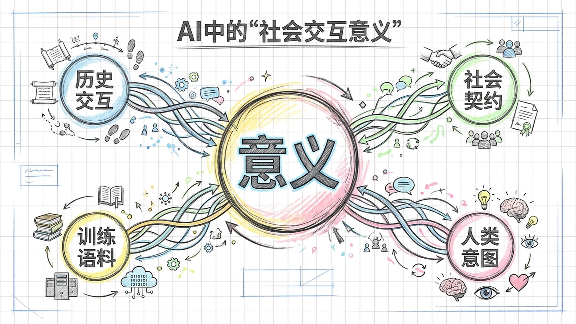 一张复杂的社交网络图，词汇在网络中互相连接。中间标注为‘意义’。强调意义不在孤岛中生产，而在交互中生成。