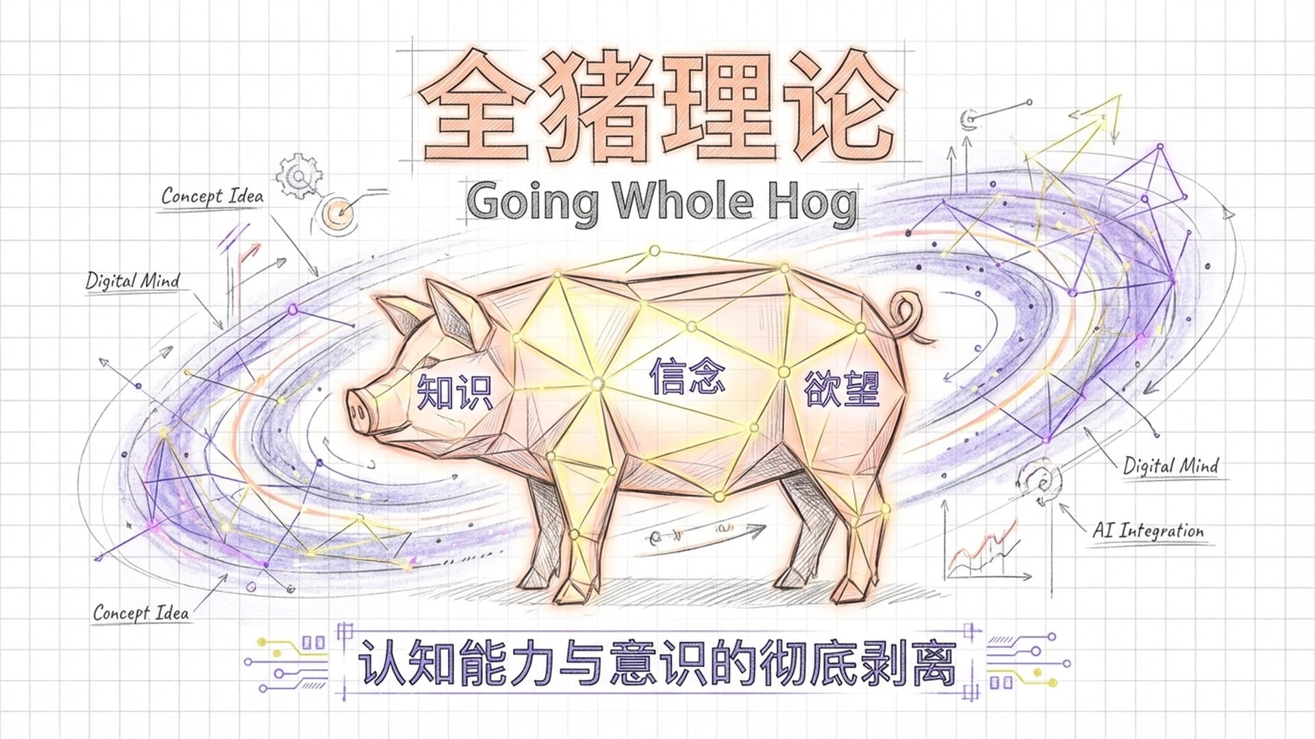 一只由发光几何体组成的猪的形象（象征‘全猪理论’），身体各部分标注为‘信念’、‘欲望’、‘知识’，背景是星系般的神经网络。